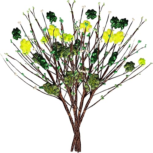 BFYDOAA Paquete de 5 tallos de trébol con purpurina para el día de San Patricio, ramas de trébol verde y bayas para cumpleaños, irlandés, relleno de