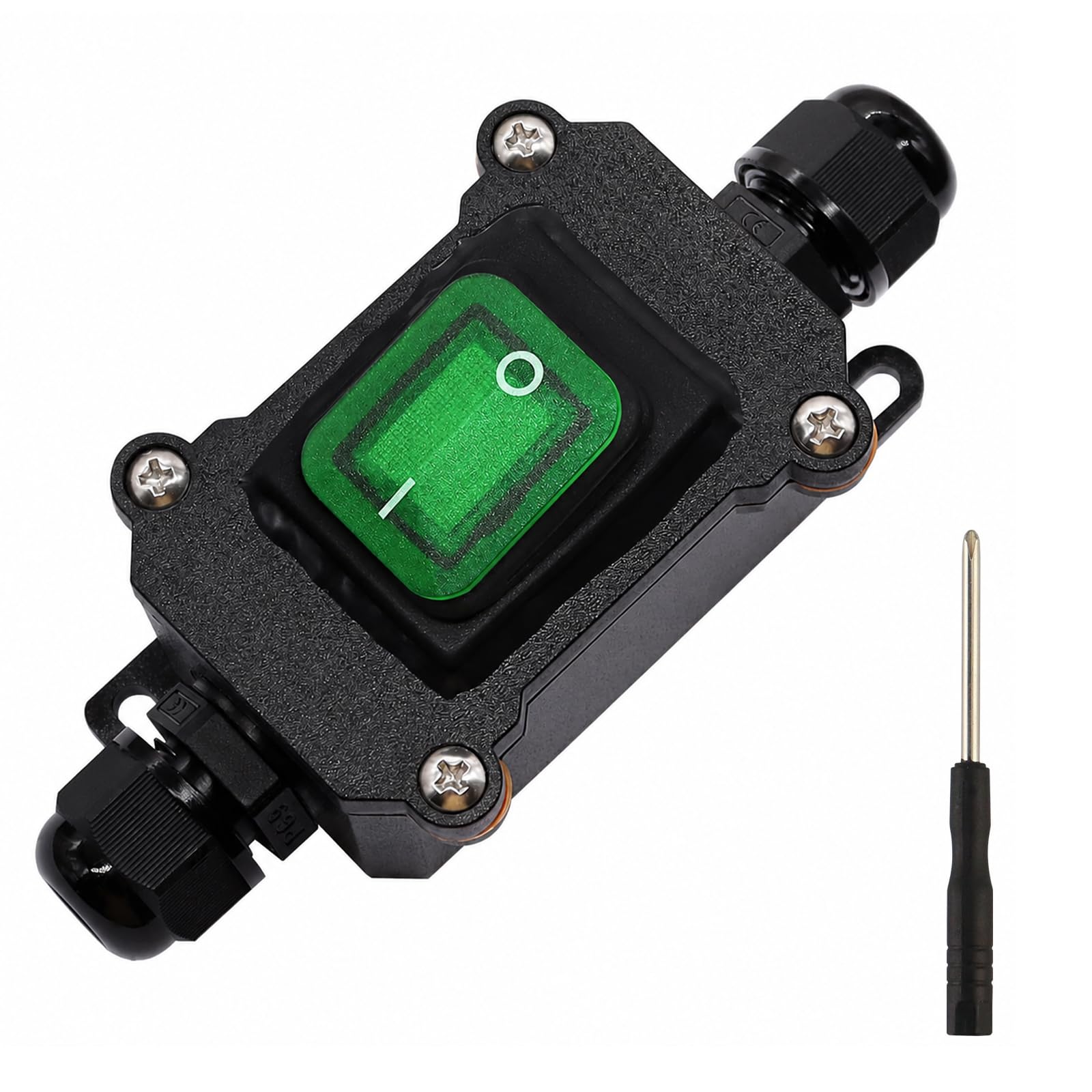 MejaRizon IP65 Waterproof Inline Cord Switch with Green Indicator Light, 110-250V 30A, with a Screwdriver, DPST Rocker Switch, Dual Position ON/Off Control, Suitable for Indoor and Outdoor