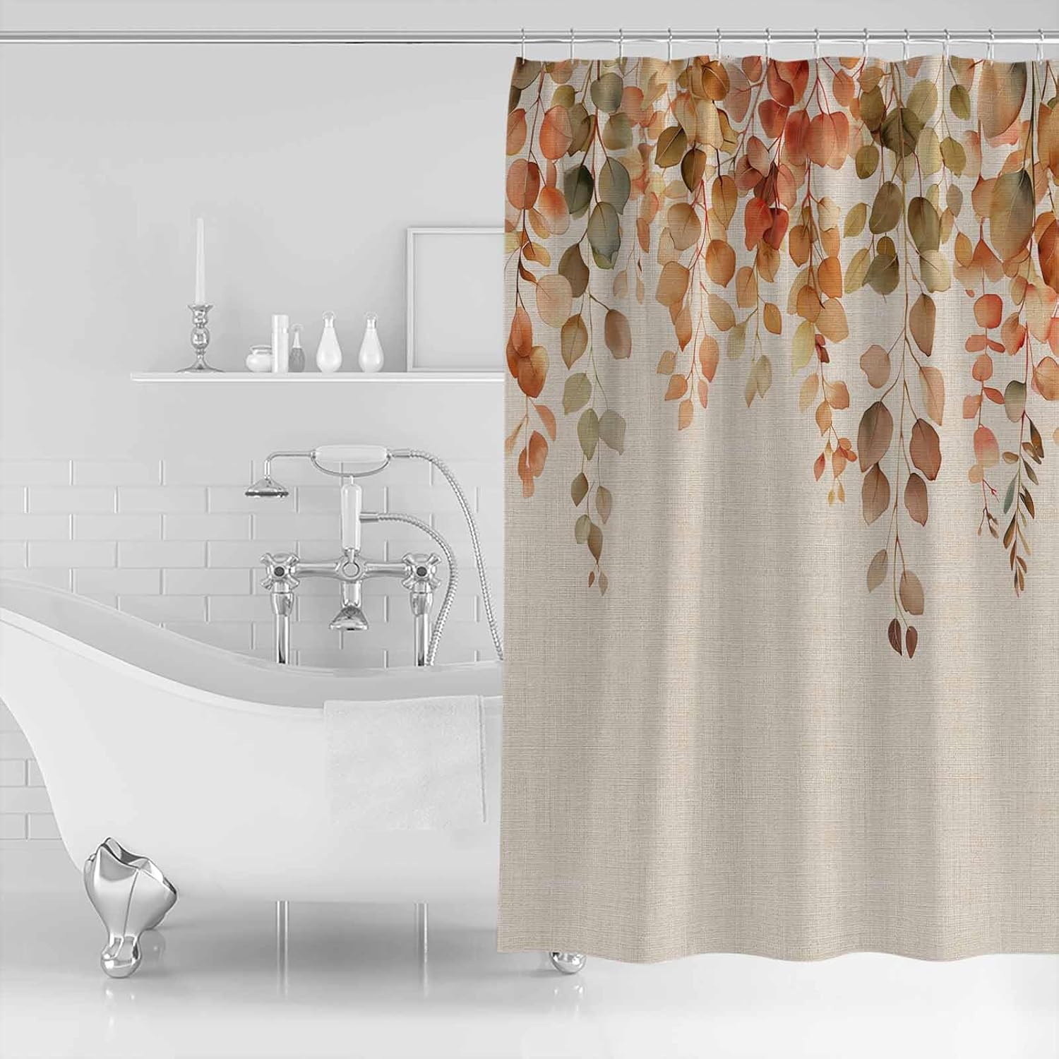 Orange Botanical Shower Curtain Set - 48" x 72" Washable Bathtub Curtain with 12 Hooks, Farmhouse Leaf Fall Thanksgiving Waterproof Fabric Stall Shower Curtains for Bathroom/Bathtub Décor