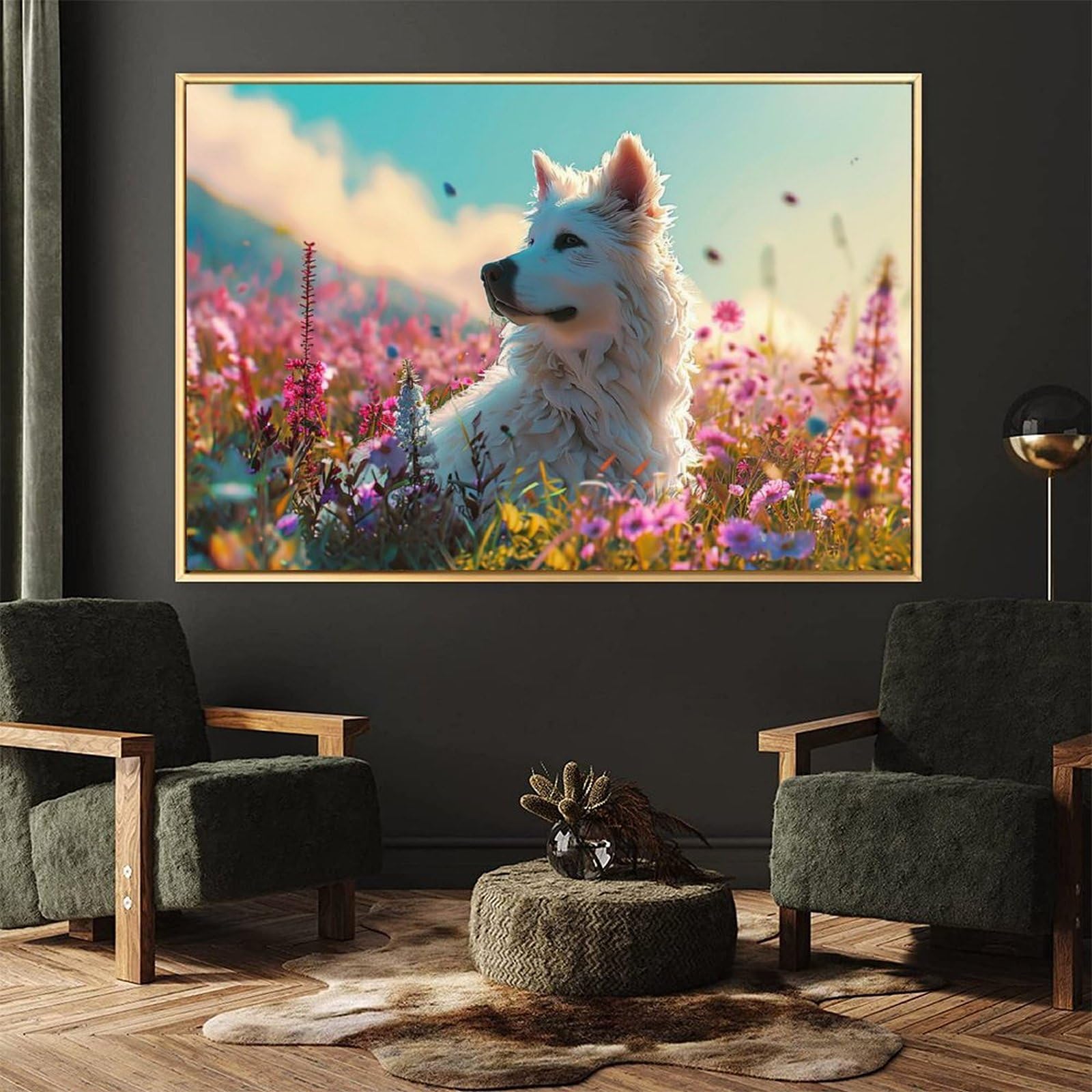 Amazon.co.jp: 絵画 花畑の犬インテリア 絵画 動物イラストアート