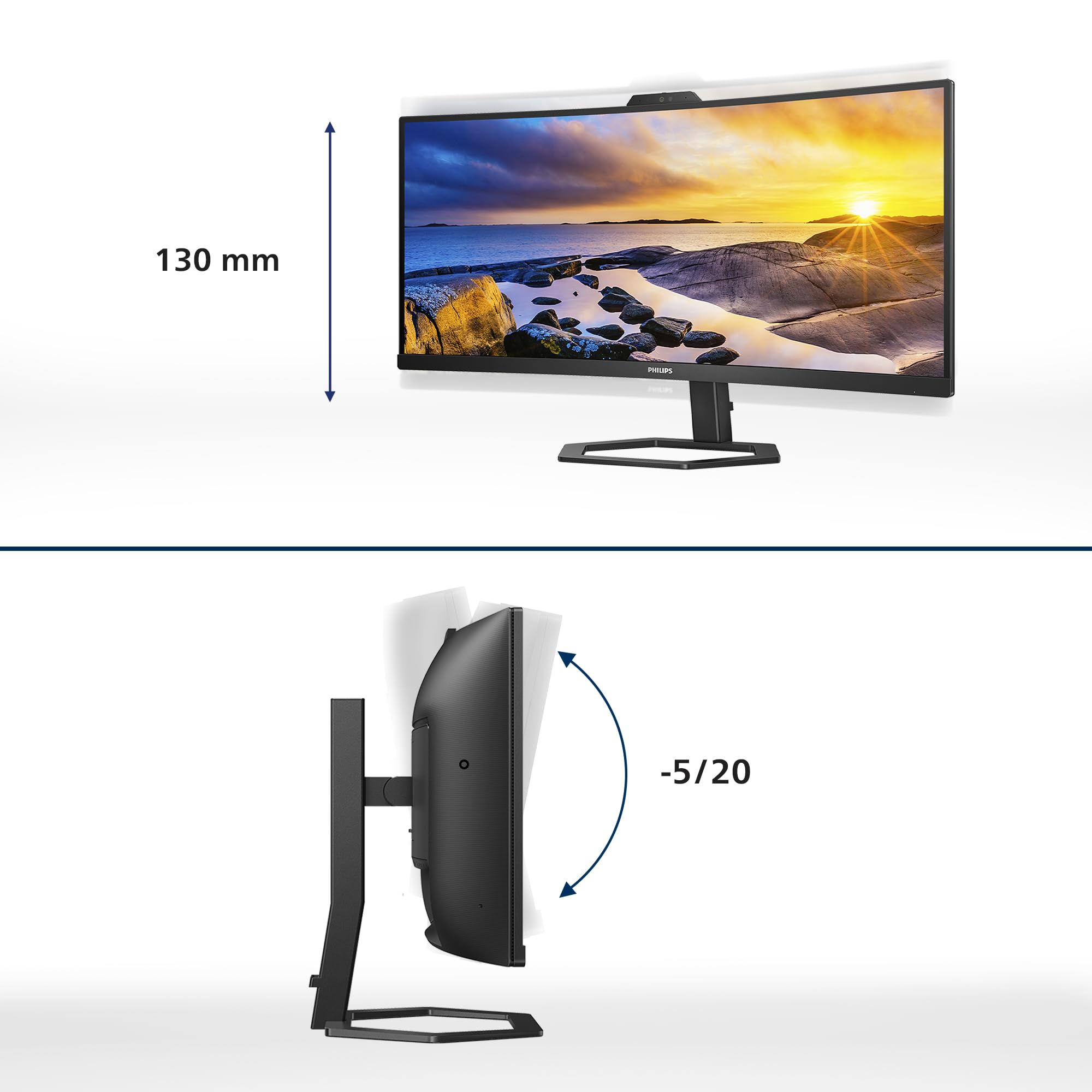 PHILIPS 34E1C5600AM - Monitor curvo WQHD da 34 pollici, webcam, regolabile in altezza, altoparlante (3440x1440, 100Hz, HDMI, DisplayPort, USB-C, Hub USB) nero
