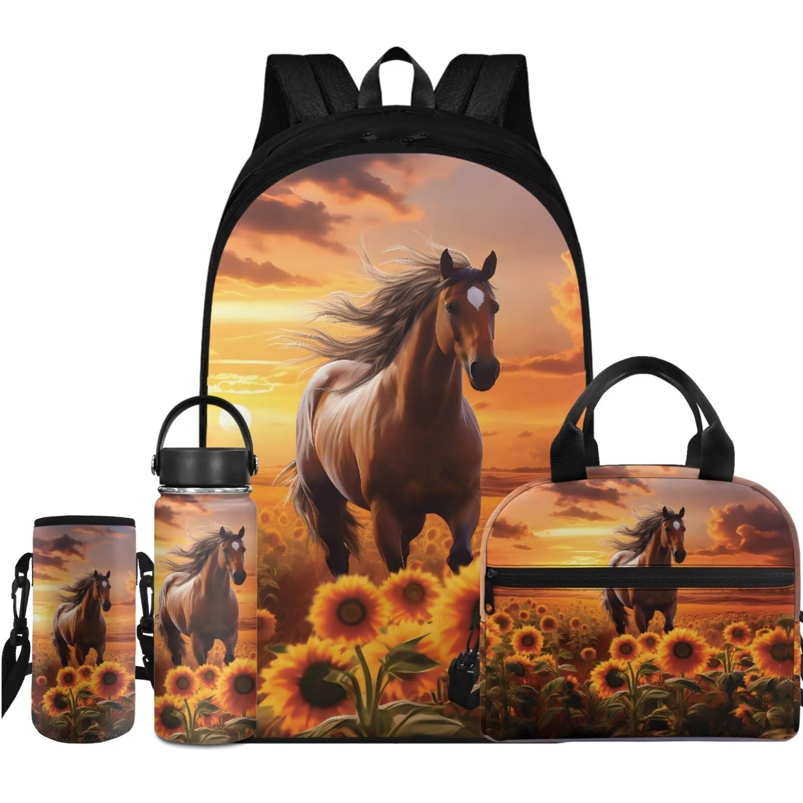 Flashideas Sunflower Horse Backpack Set 4Pcs with Lunch Box Insulated Water Bottle School Backpack Set for Girls 10-12 and Water Bottle Cover for Girl