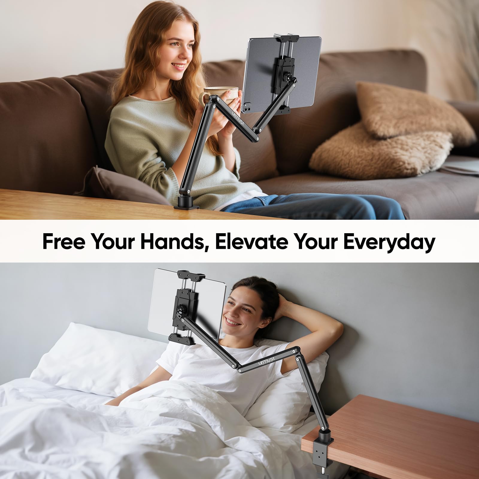 Urmust Tablet Halterung Höhenverstellbarer Aluminium Tablet Armhalterung mit 360° drehbarer Metallbasis, iPad Halterung Tisch kompatibel mit iPad Galaxy Tab Kindle & Monitor Halterung von 4.7" - 15.6"