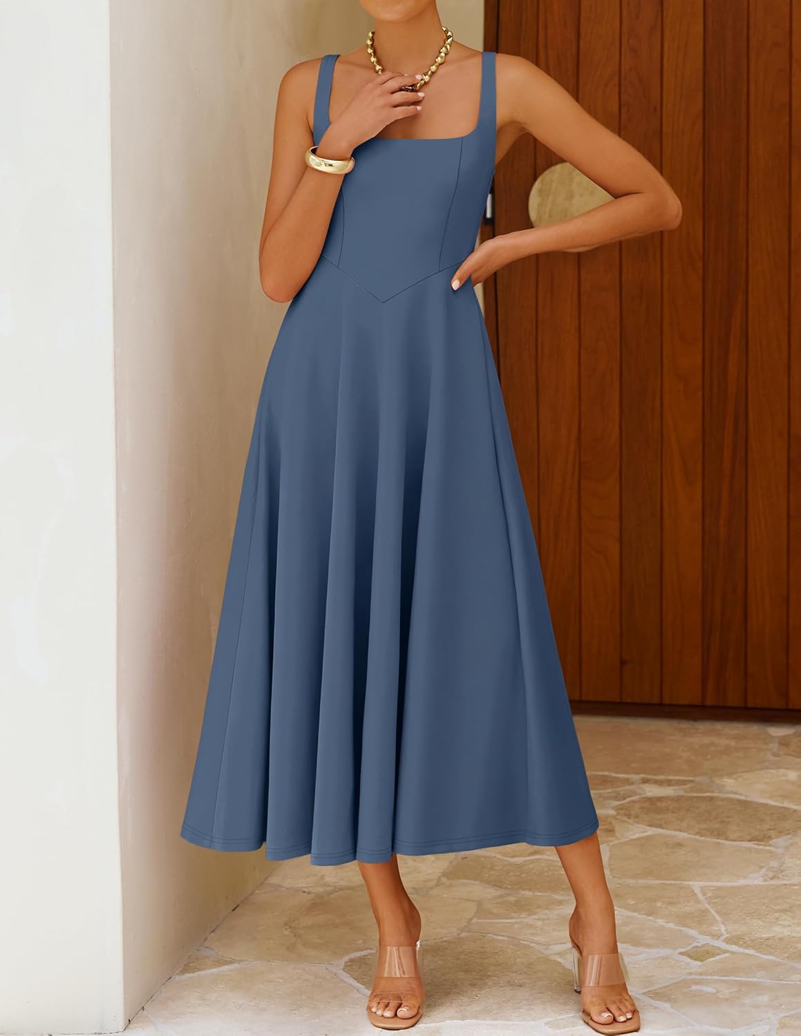 ZESICA Women‘s 2026 Summer Sleeveless Midi Dress Square Neck Flowy A Line Casual Beach Vacation Long Dresses with Pockets - Image 4