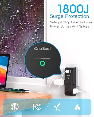 Miniatura 72 de Extensor de salida protector de sobretensiones con enchufe giratorio, 6 tomas de corriente alterna con 3 puertos USB (1 USB C), 1800 J, regleta Negro