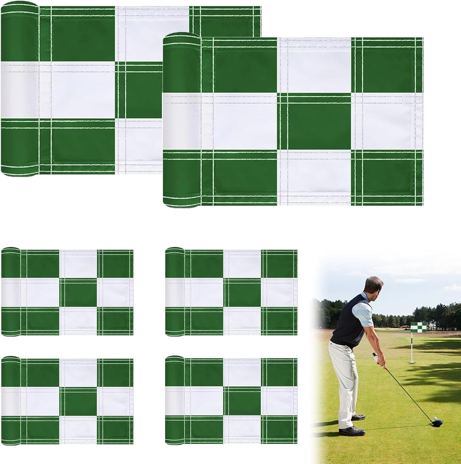 6 Pcs Checkered Golf Flags 8x6 Inch – 420D Nylon Portable Training Target Flag with Tube Inserted Mini Practice Putting Green for Garden Yard Indoor Outdoor（Green and White）