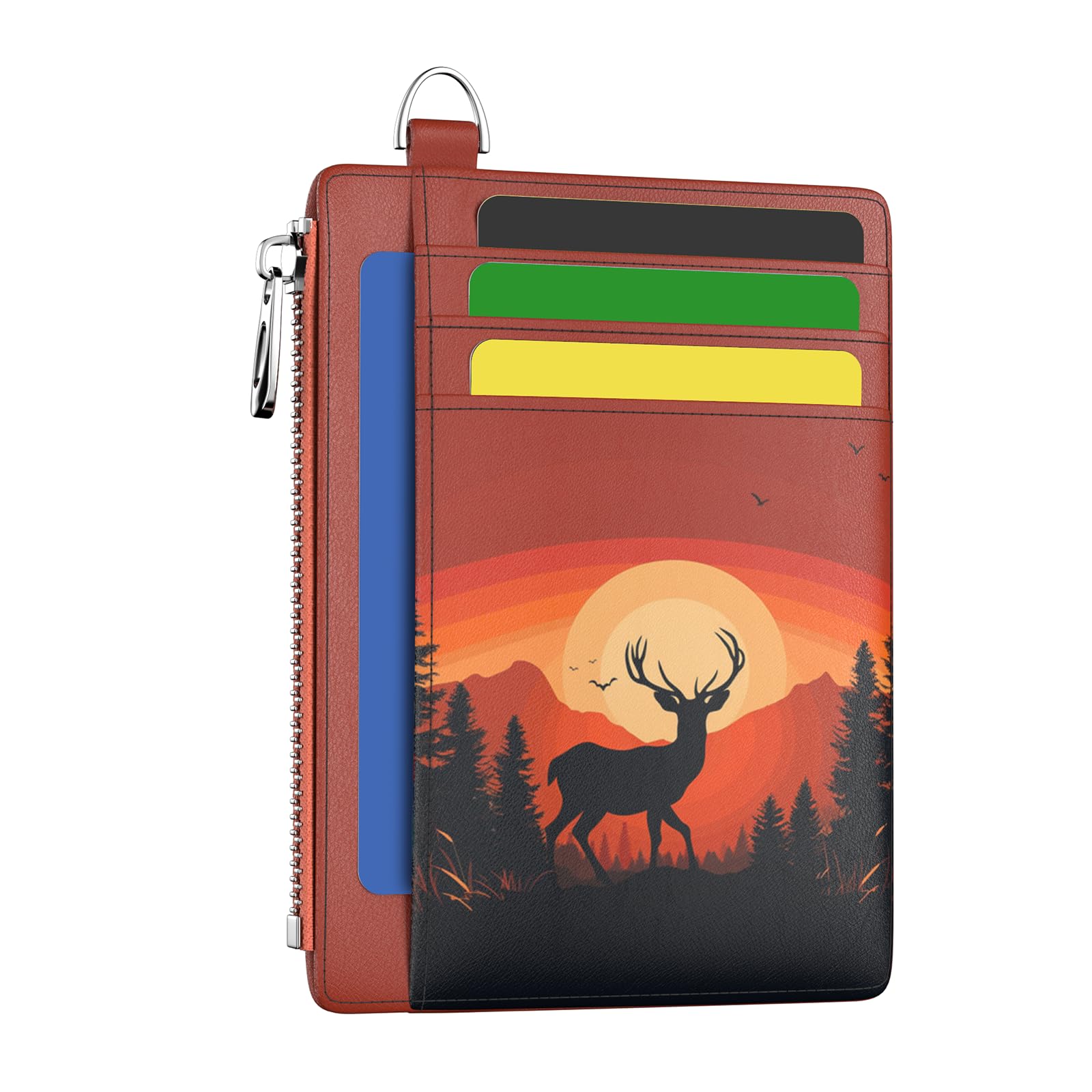 Hancynir Slim Wallet Women Credit Card Holder Sunset Deer RFID Small Mini Card Case Front Pocket PU Leather Thin Travel Zipper Coin Cash ID Window
