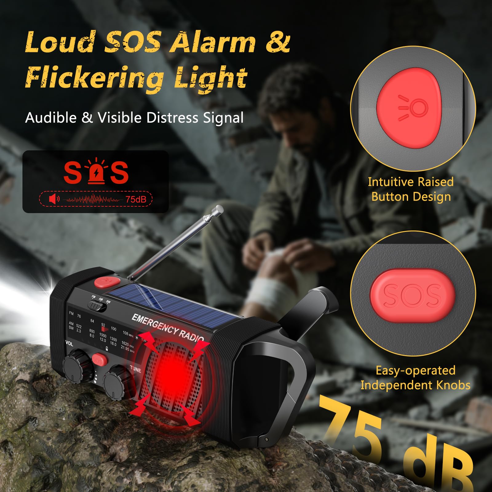 Radio de Emergencia Portátil, Radio Solar y a Pilas, Radios Emergencia con Manivela, Radio Dinamo Am/FM/SW, Linterna y Alarma SOS, Ideal para Kit de Supervivencia y Camping (7400 mWh