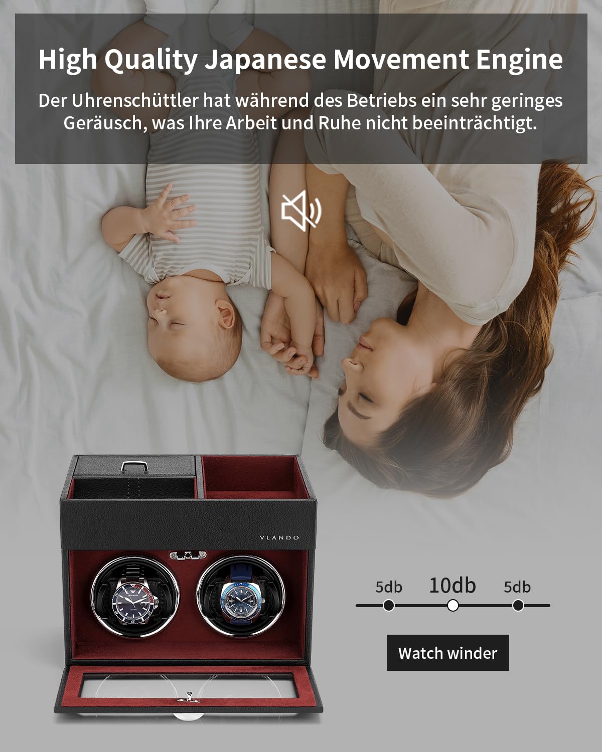 Vlando Automatische Uhrenbeweger 2 Uhren, Watch-Winder Leder mit Schmuckaufbewahrung Taschleerer, Japanischem Leisen Motoren, LED Beleuchtung, Wechselstromadapter, Luxuriöse Uhrenbeweger Box