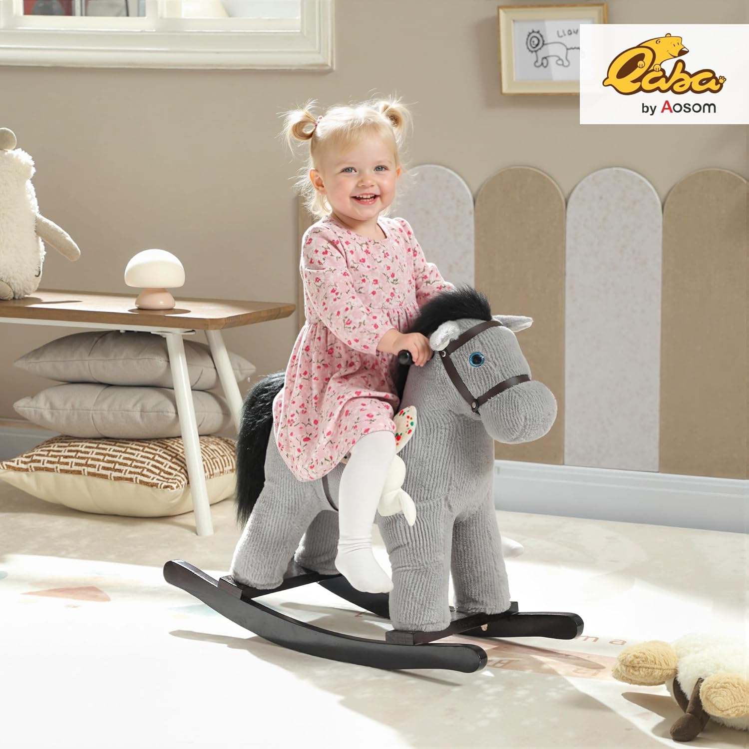 Qaba Rocking Horse, Kids Plush Animal Rocker with Realistic Neighing Sound for Toddlers 2–5 Years Old, Soft Filling Ride on Horse with Rabbit Toy, Gray
