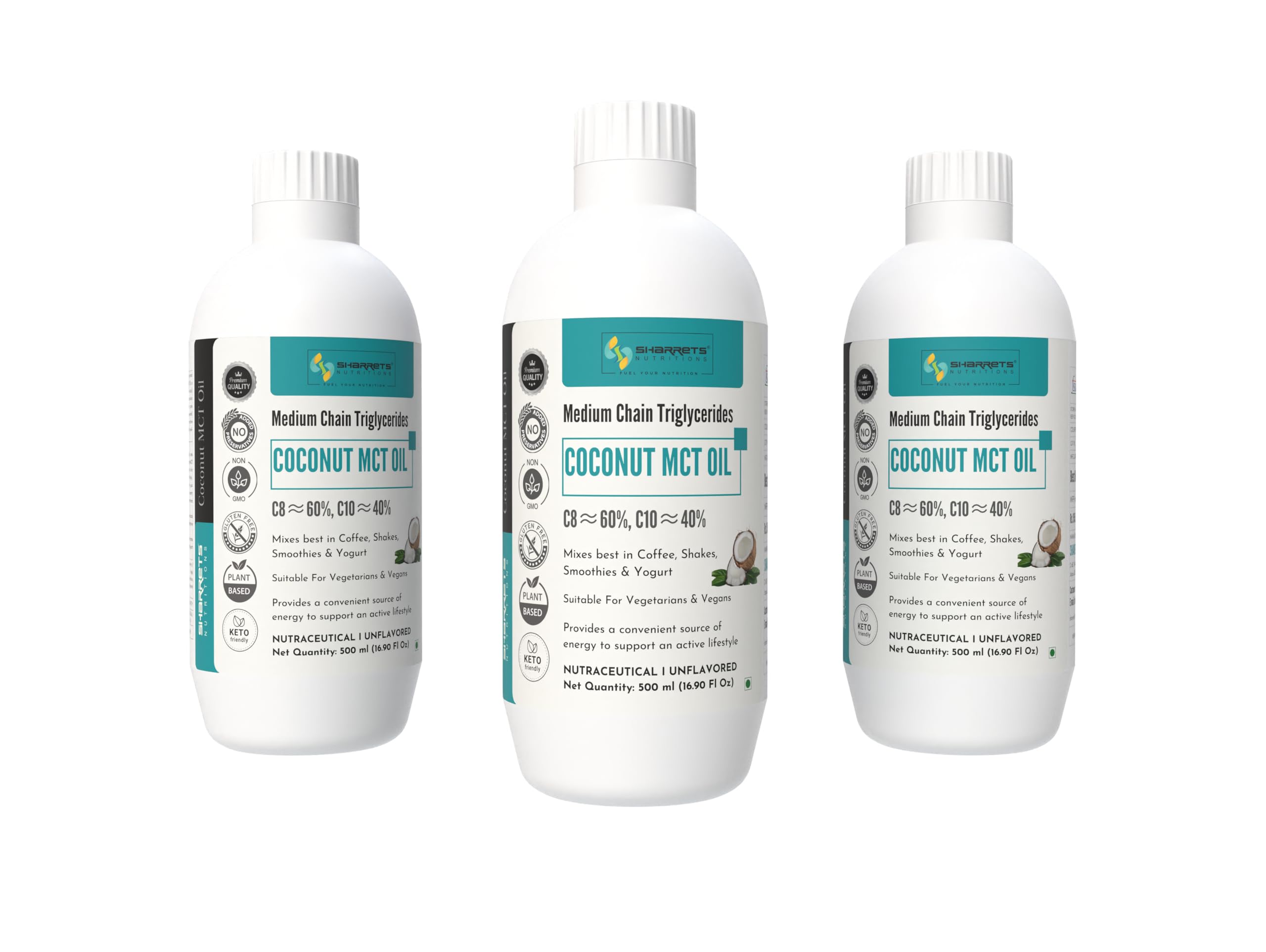 Coconut MCT Oil 3 x 500ml | Pure C8 60% & C10 40% | Medium Chain Triglycerides for Bulletproof Coffee, Energy & Wellness | Keto, Vegan, Paleo