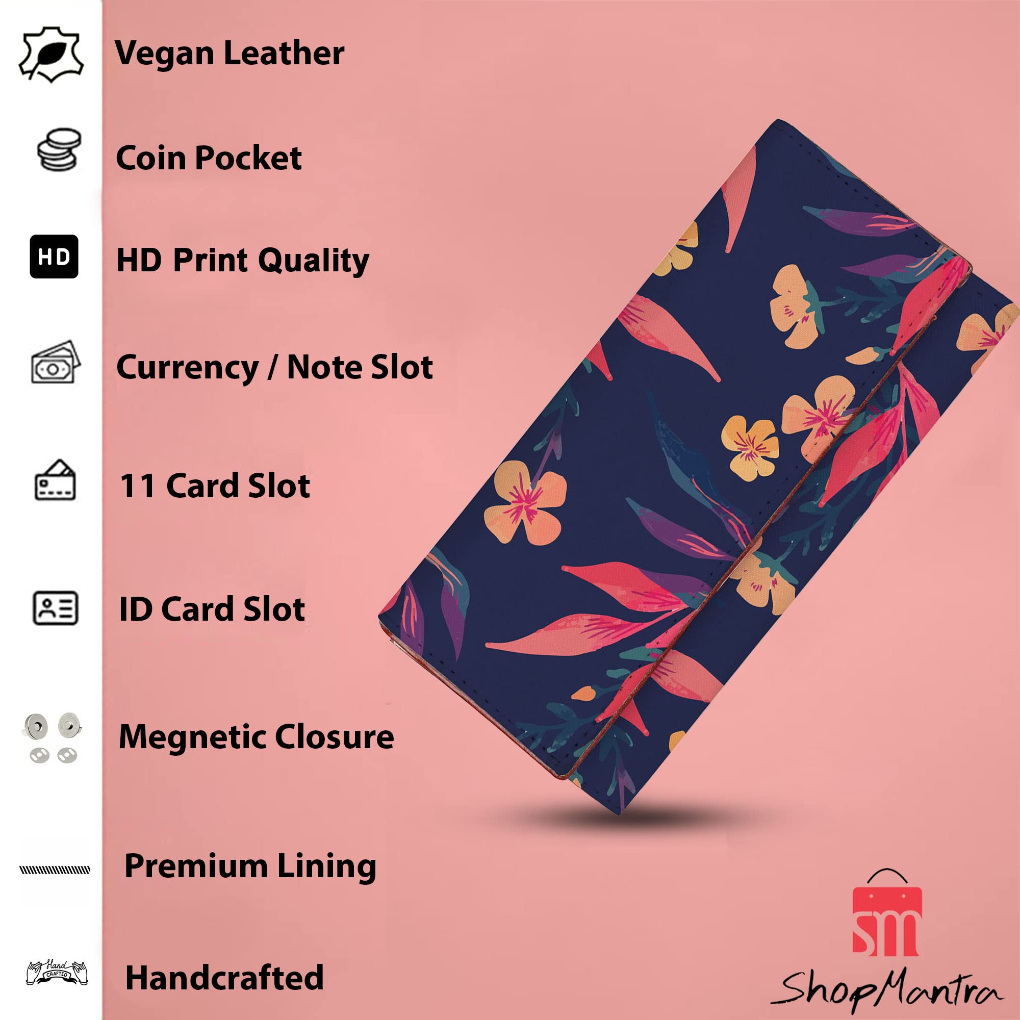 ShopMantra Blue Color Floral Pattern Artificial Leather Women Wallet|Clutch|Ladies Purse, Multicolor, Luggage