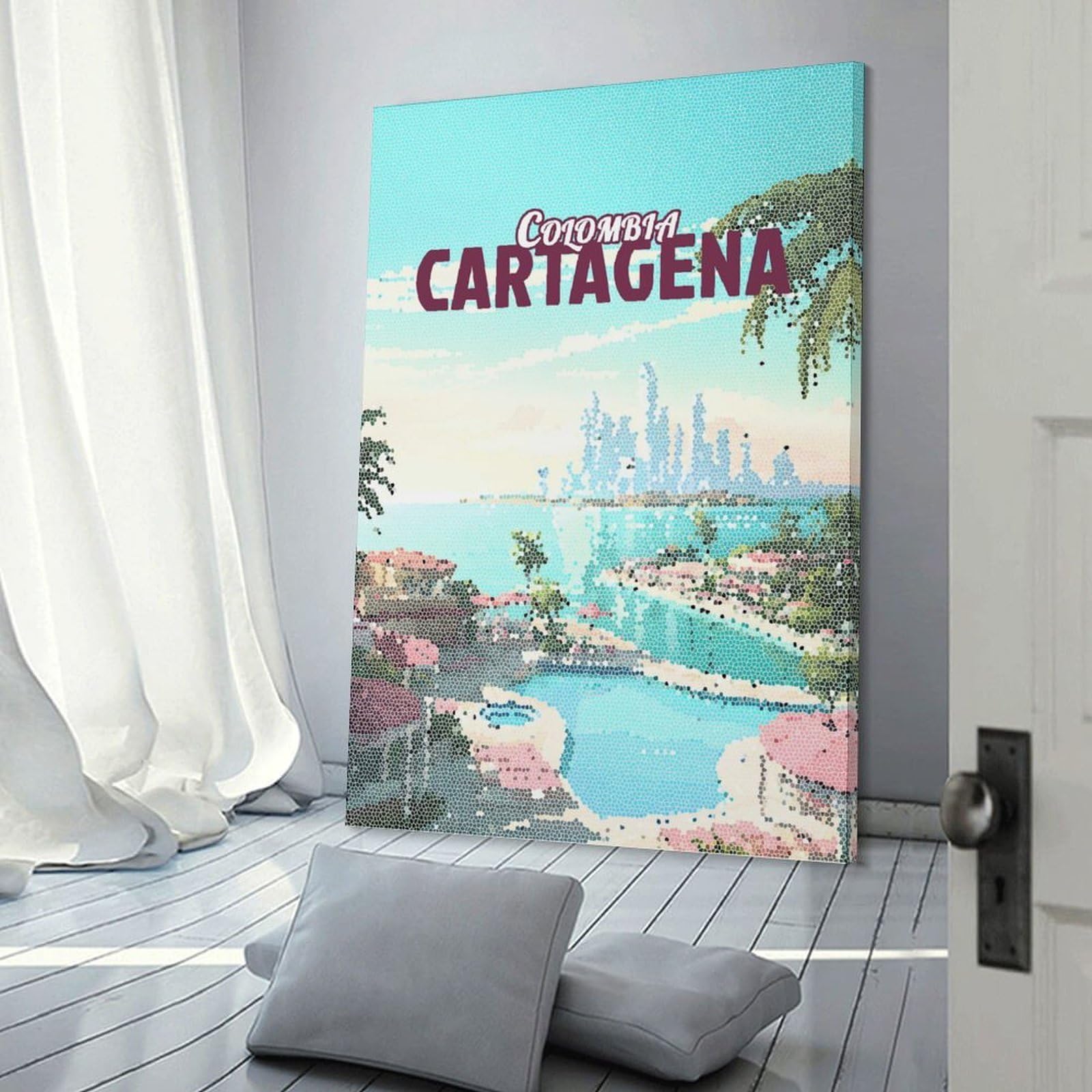 Junmoney Cartagena Colombia Mosaic Vintage Canvas Art Print 16x24inch(40x60cm), for Front Hall, Corridor Or Welcome Spaces, Home Artwork for First Impressions