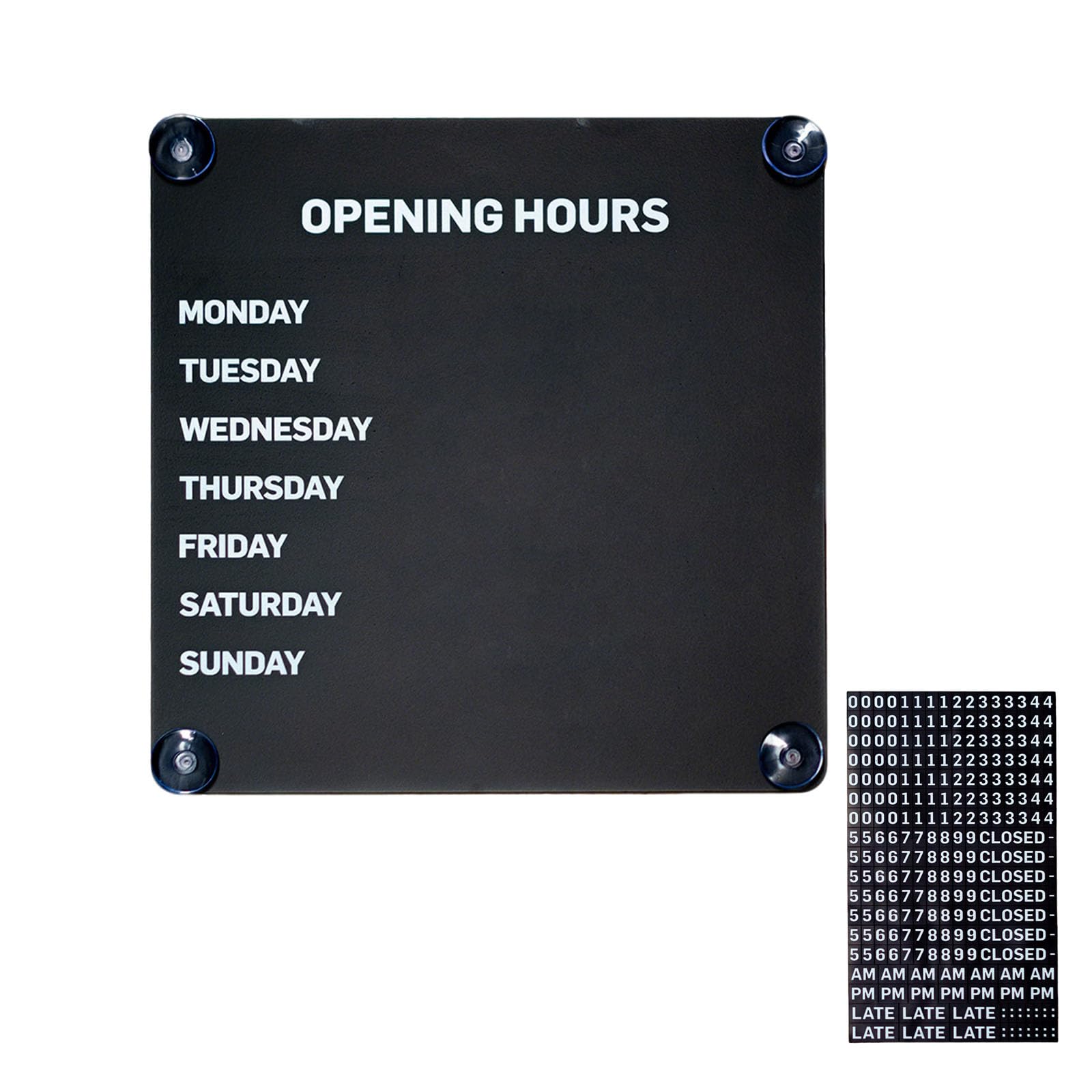 10 X 10in Metal Business Hours Sign with Changeable Magnetic Numbers, Opening Hours Sign for Storefront, Reusable Schedule Board with Suction Cups for Glass Door, Restaurant