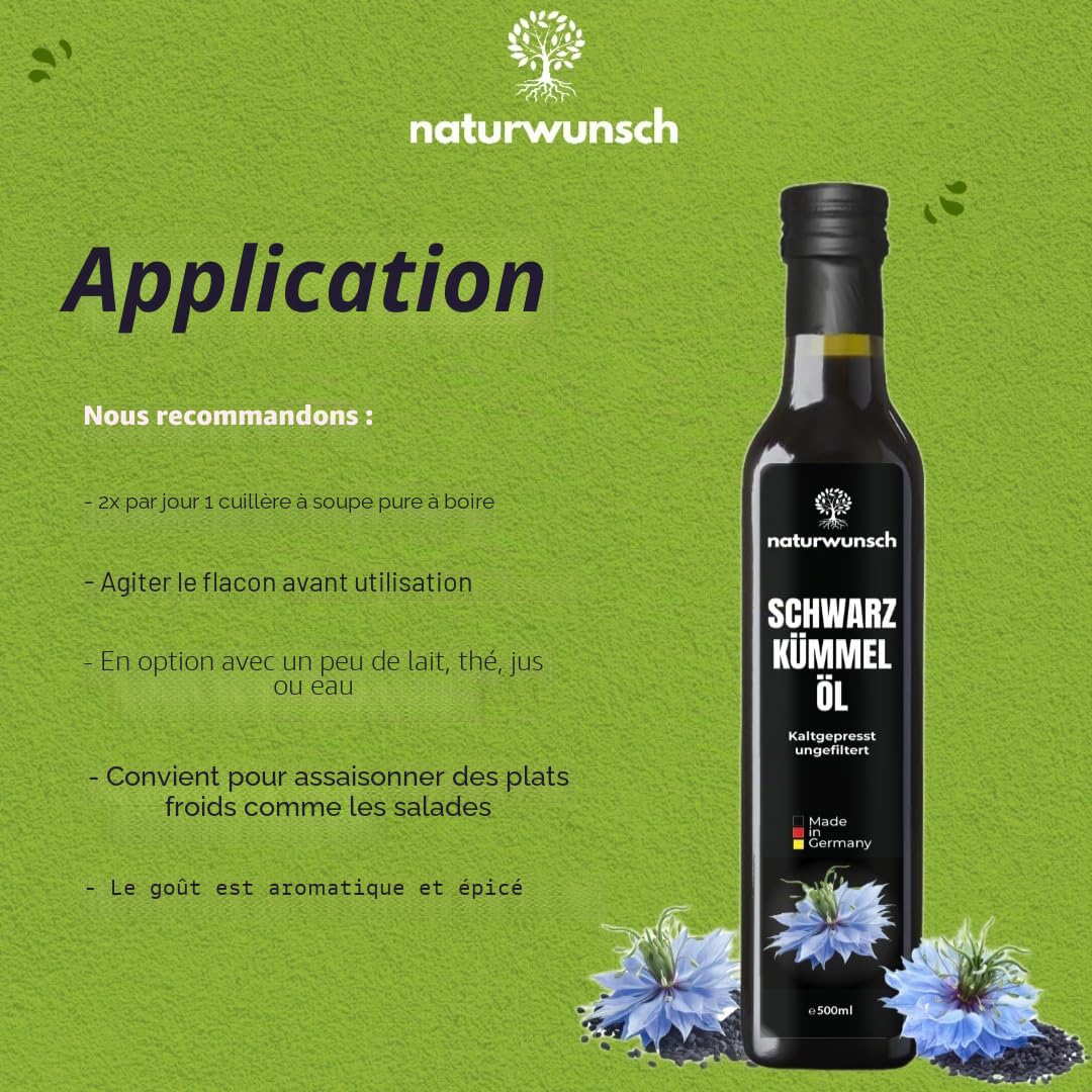 naturwunsch Nigella Sativa Huile de nigelle 500 ml, non filtrée, pressée à froid, fabriquée en Allemagne