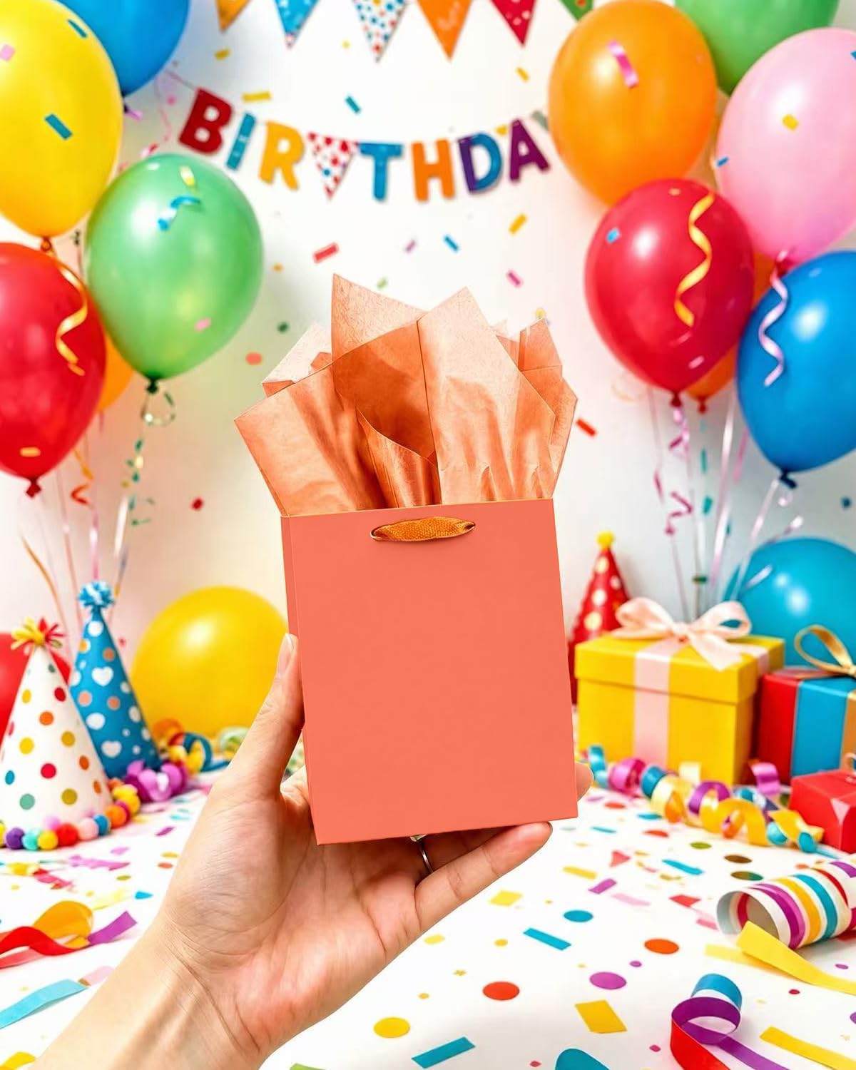 qiqee 24pcs Pink-Orange Gift Bags with Tissue Paper for Wedding, Birthday, Party Supplies-4.7"x6.3"x2.4" Small Size Cardboard Gift Bags（24pcs Bags + Tissue Paper ） image 5