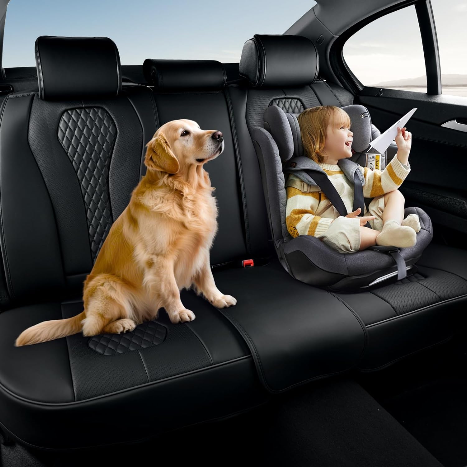 Coverado Back Seat Covers, Waterproof Car Protectors, Black Leather Seat Covers, 3-Piece Automotive Seat Covers for Back Seats Universal Fit for SUVs & Cars, All-Weather Protection