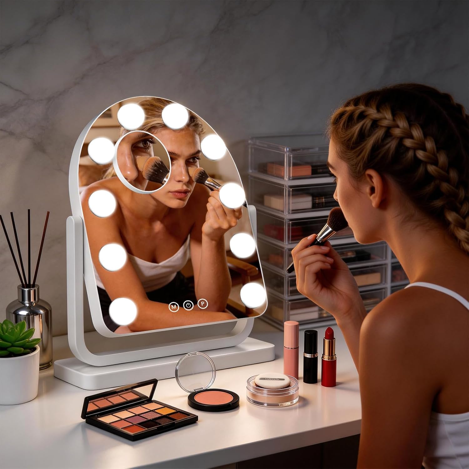 Rechargeable Arched Vanity Mirror with Lights, 14"×12" Hollywood Makeup Mirror with 10 Bulbs, 3000mAH Battery, 3-Color Lighting, Dimmable, 10x Magnification, Desk Mirror, Dorm Room Essentials (White)