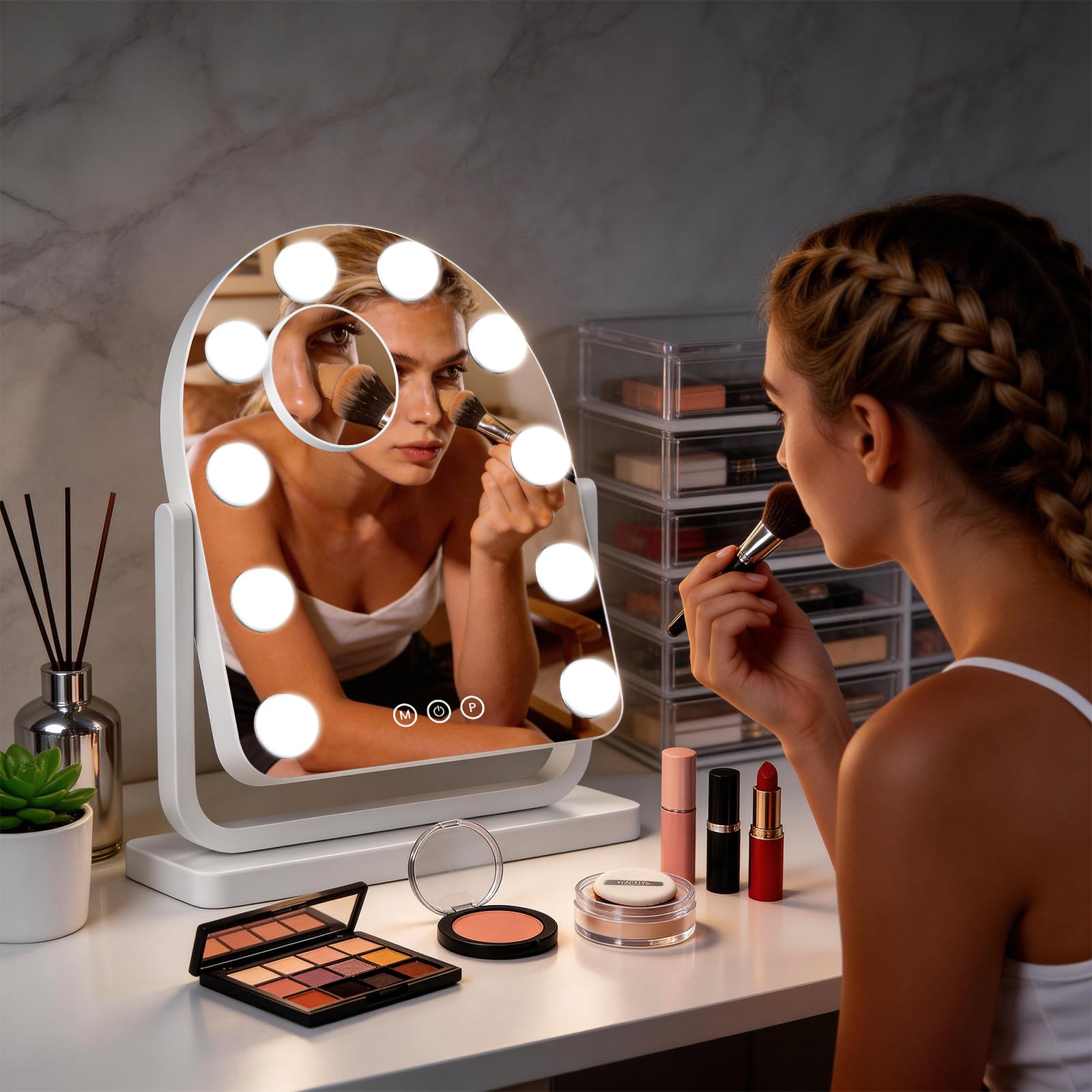 Specchio cosmetico ad arco ricaricabile con luci, 35,5 x 30,5 cm, specchio per trucco Hollywood con 10 lampadine, batteria da 3000 mAh, illuminazione a 3 colori, dimmerabile, ingrandimento 10x