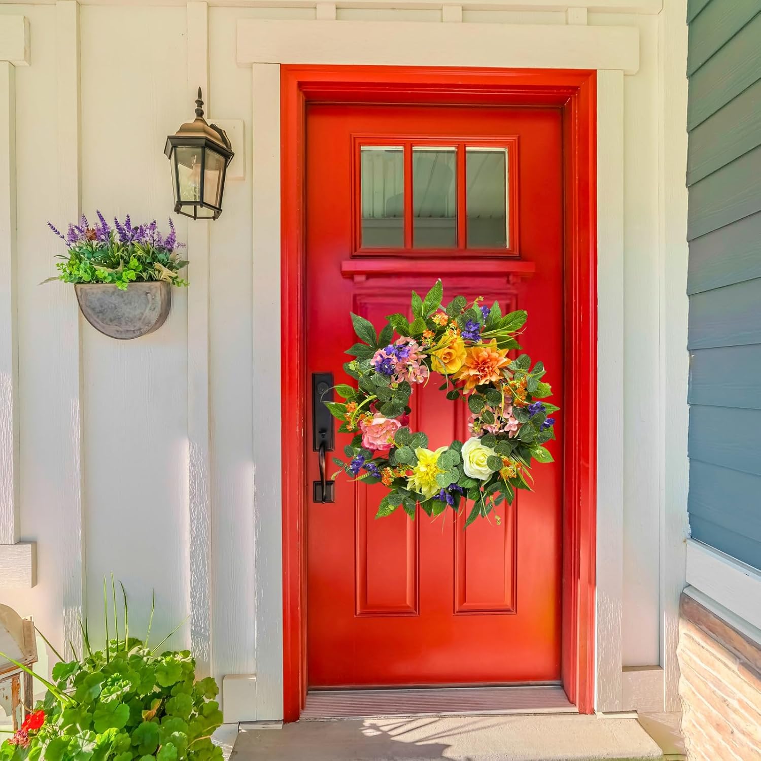 22 Inch Lighted Spring Summer Wreath for Front Door,Dahlia Pinnata, Roses, Eucalyptus Leaves, Peony, Mixed Flowers,Artificial Wreath for Front Door Spring Outdoor Home Decor Easter Decor