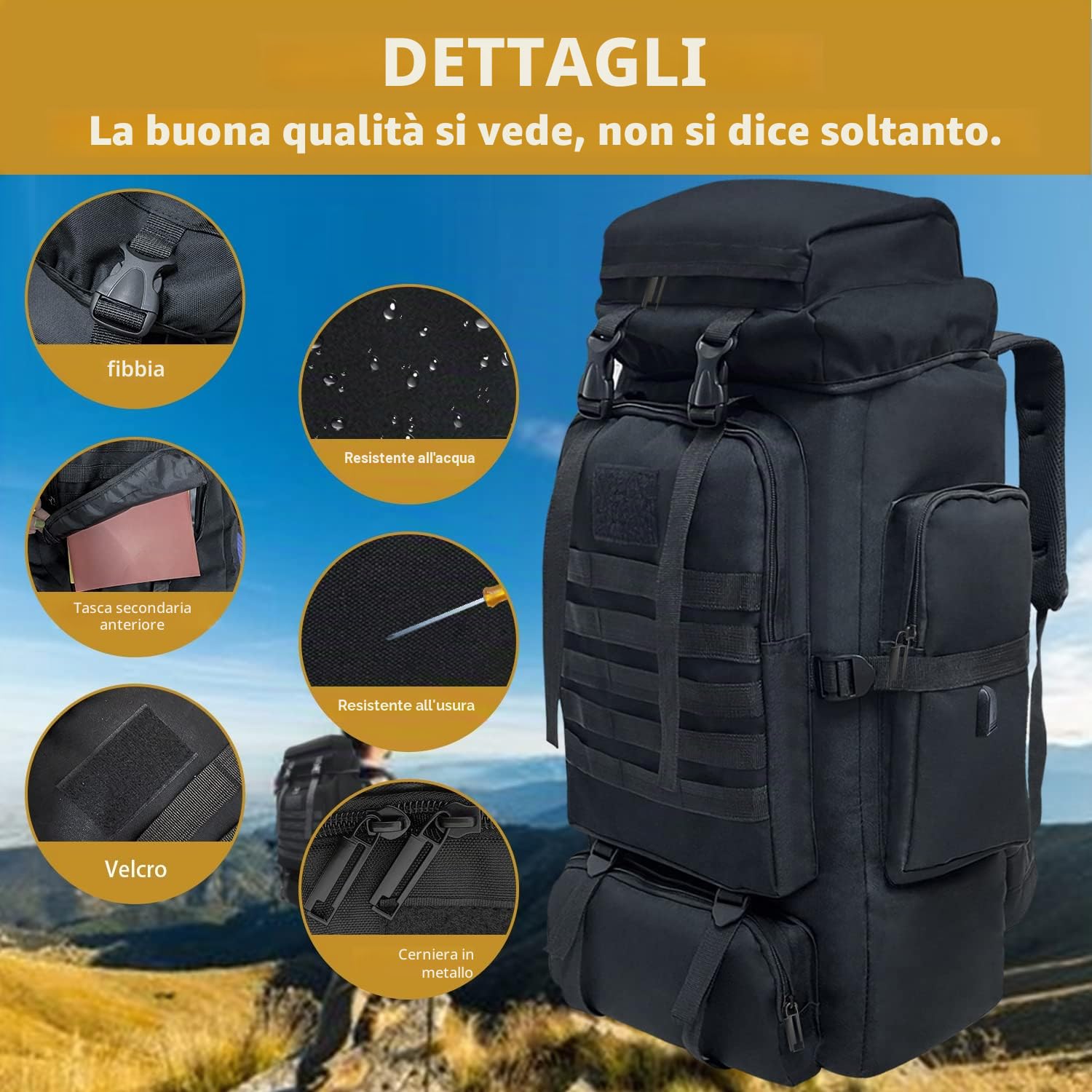 80L Zaino da trekking, Grande Campeggio tattico militare zaino, impermeabile da viaggio Daypack outdoor Molle Zaino per le donne degli uomini (Nero)