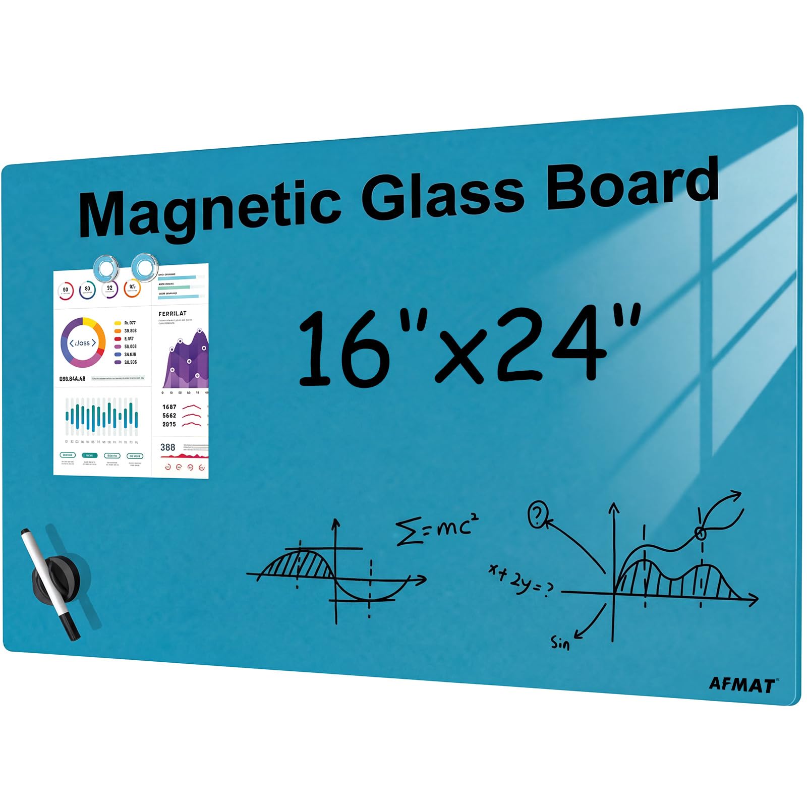 AFMAT Lavagna magnetica in vetro, 40 x 60 cm, blu