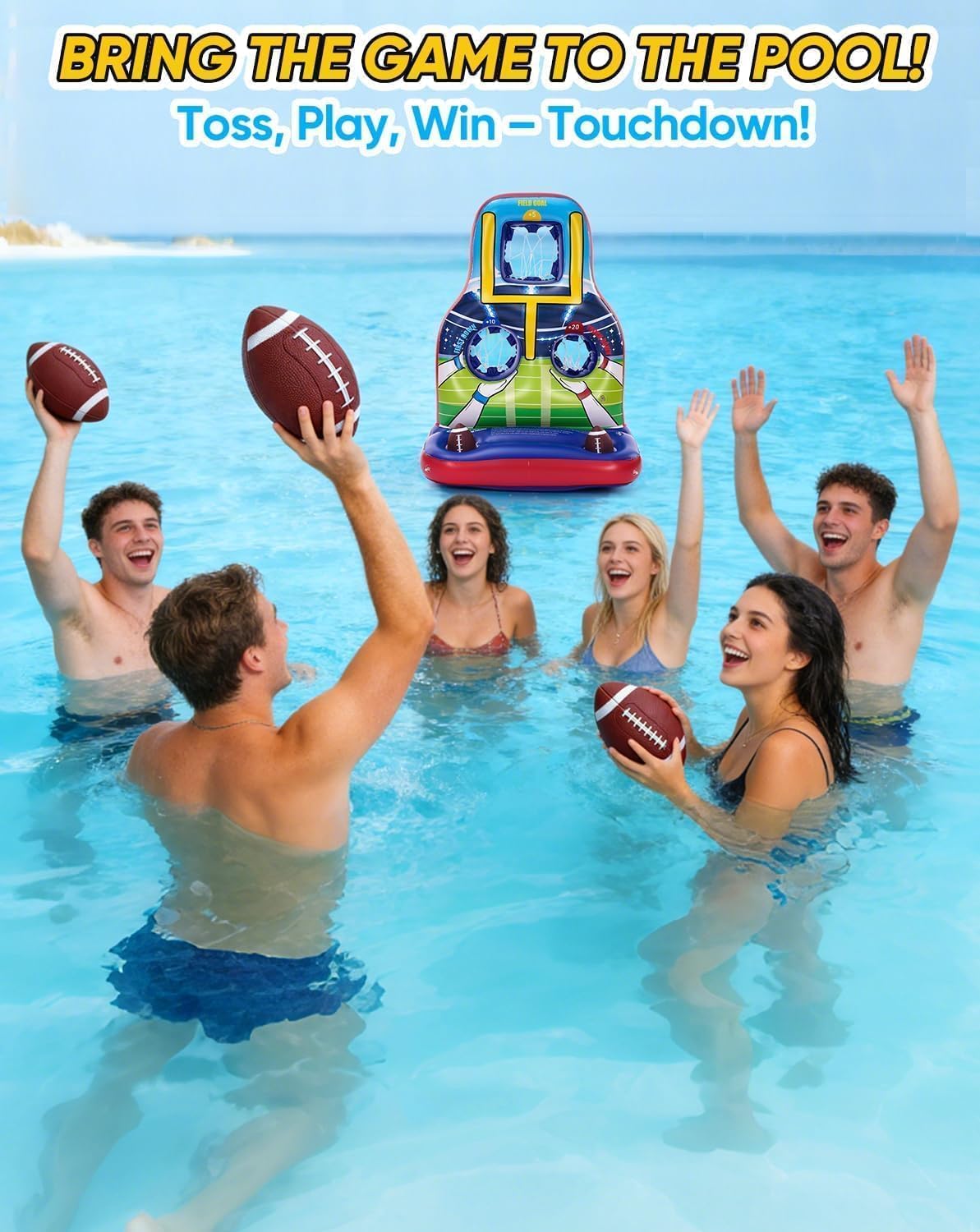 Inflatable Football Toss Pool Game Set – Floating Pool Games for Kids, Teens & Adults, Family, Includes 4 Footballs + 2 Pumps, Summer Swimming Pool Toys for Party, Beach, Lawn, Indoor/Outdoor