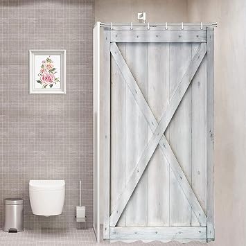 Rustic Fabric Shower Curtain, Barn Door Shower Curtain for Bathroom, Farmhouse Bathroom Curtain with Hooks 36 x 84 Inch