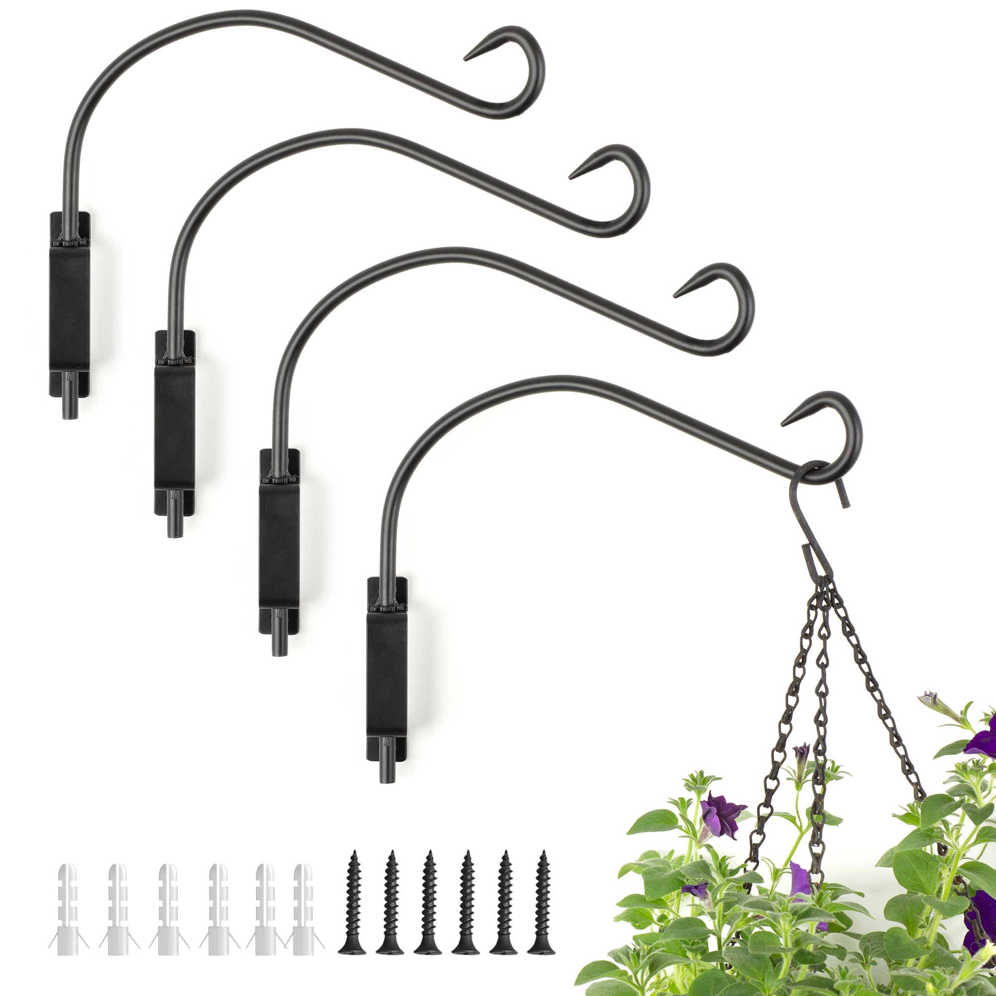 Livivo Black 12” Swivel Hanging Basket Bracket - Heavy Duty Hanging Basket Brackets Outdoor And Indoor Use - Hanging Basket Hooks For Plants, Flower Baskets, Lanterns And Bird Feeder Bracket (4 Pack)