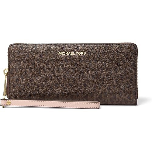 Michael Kors Jet Set Travel Continental, Gold-Tone Hardware/MK Signature Coated Twill/Brown/Soft Pink