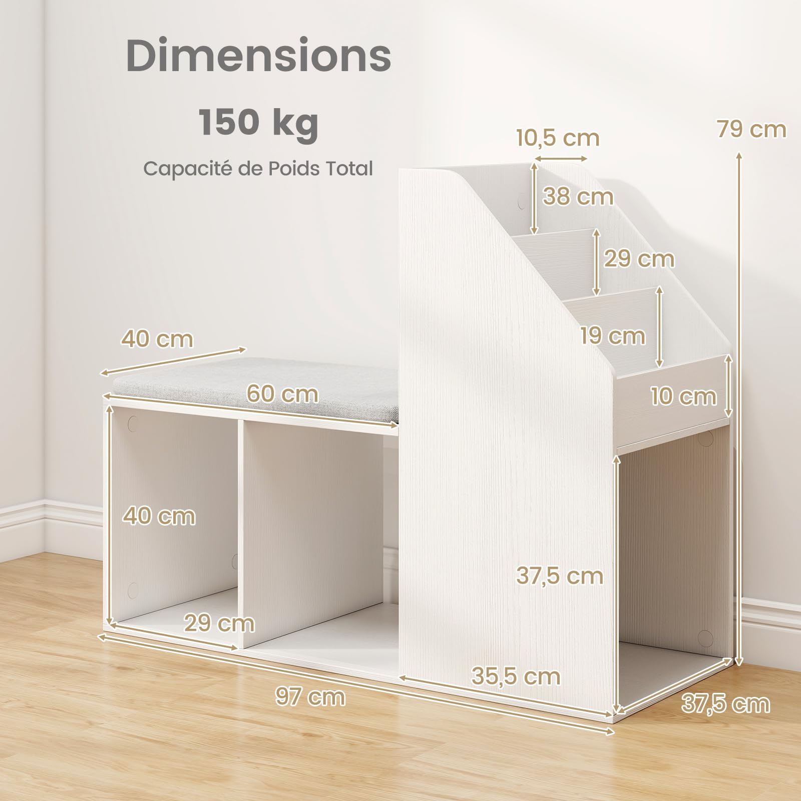 Banc à Chaussures Avec Rangement – 9 Compartiments + Coussin Amovible – Meuble D’entrée Blanc Design - 9