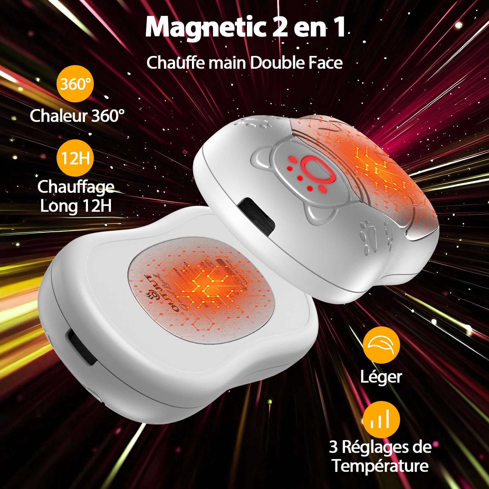 Chauffe Main Electrique 2 en 1 Blanc, Chaufferette Main Reutilisable, 3 Niveaux de Chauffe, 12000mAh Rechargeable par USB, Cadeaux Hiver Unisexes, pour Camping et Sports en Extérieur