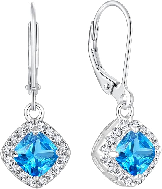 JO WISDOM Women Earrings,925 Sterling Silver Leverback Dangle & Drop Earrings with Cushion-cut 6 * 6MM 3A Cubic Zirconia