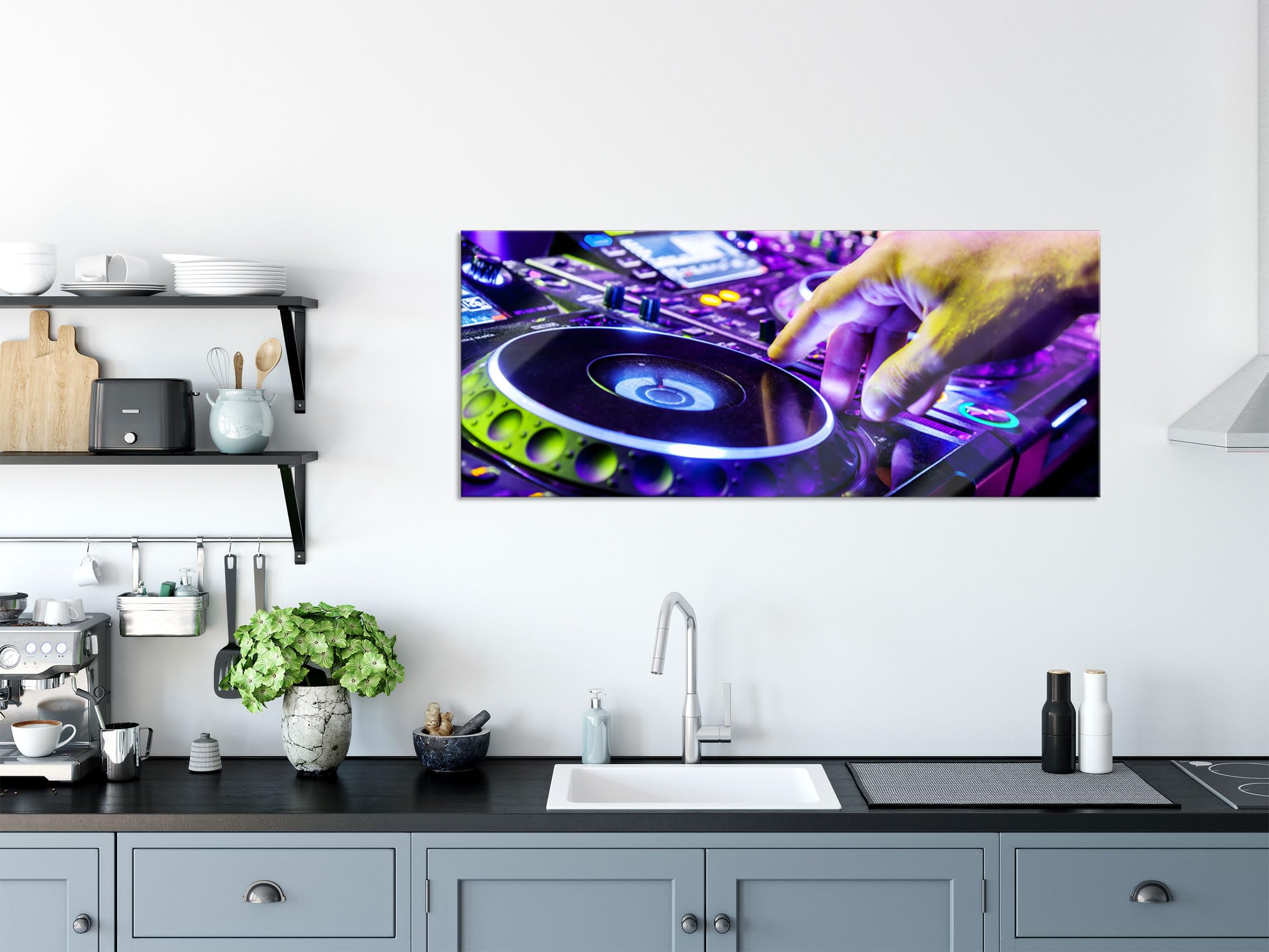 Quadro in vetro panorama | Murale in vero vetro | Piatto DJ Cool Music | 100 x 40 cm | incl. sospensione e distanziatore