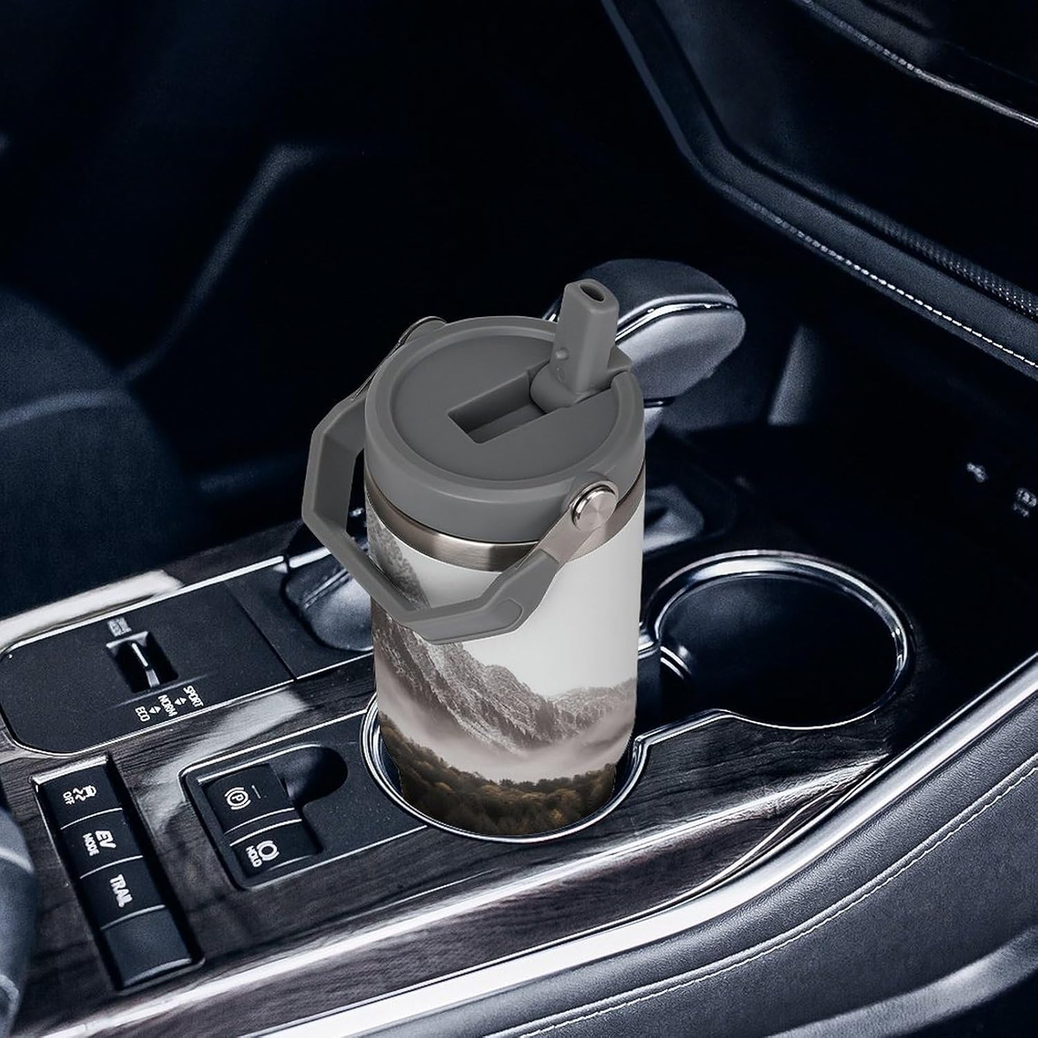 30oz Insulated Tumblers with Top Handle, Stainless Steel Landscape of Trees And Mountain Surrounded by Fog Car Cup with Straw for Gift, Leak-Proof Double Wall Vacuum Travel Mug, Personalized Water Bot