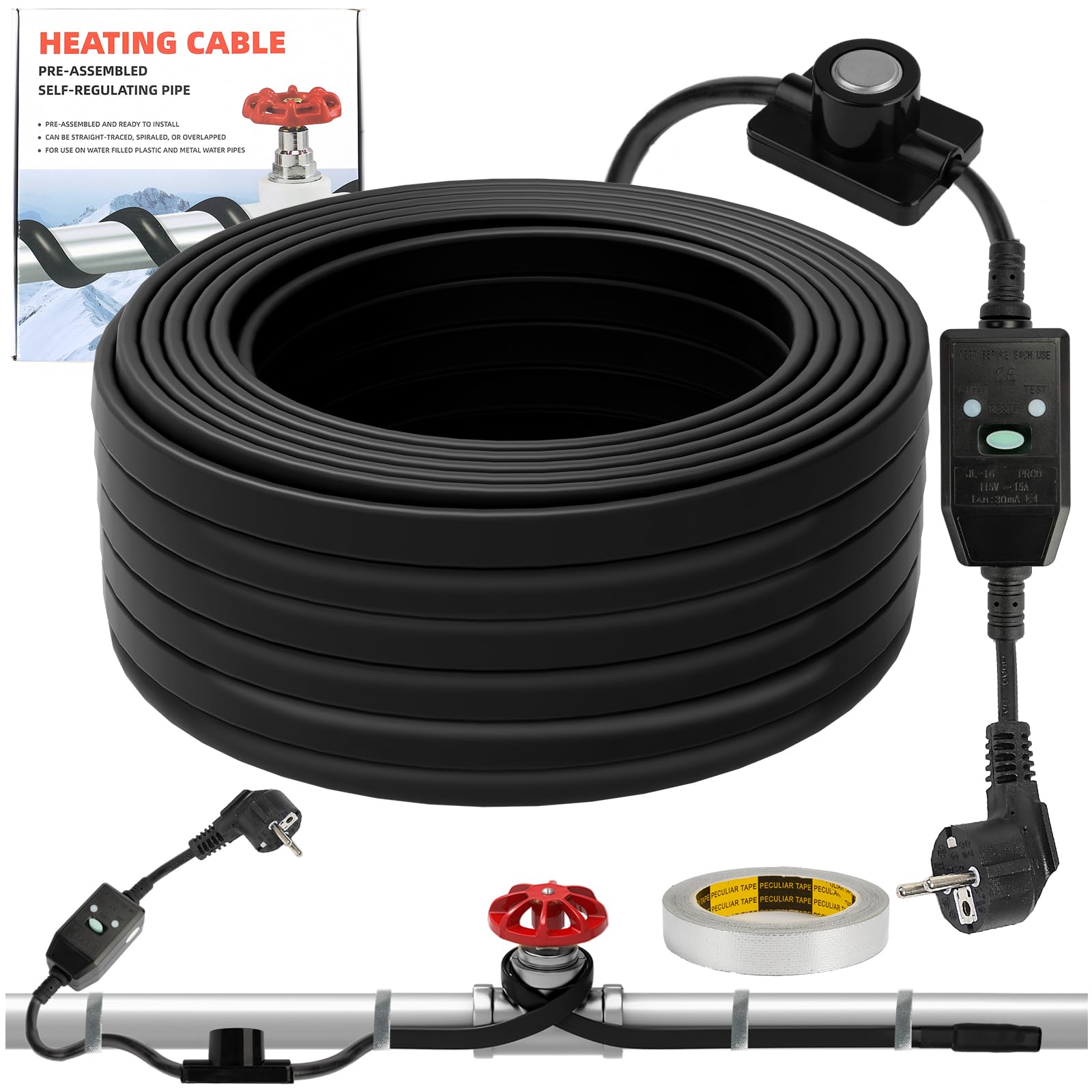 Nastro termico per tubi dell'acqua con termostato 24M, cavo riscaldante autoregolante con protezione antigelo Cavo riscaldante per tubi dell'acqua per tubi in metallo e plastica 220V 25W/M