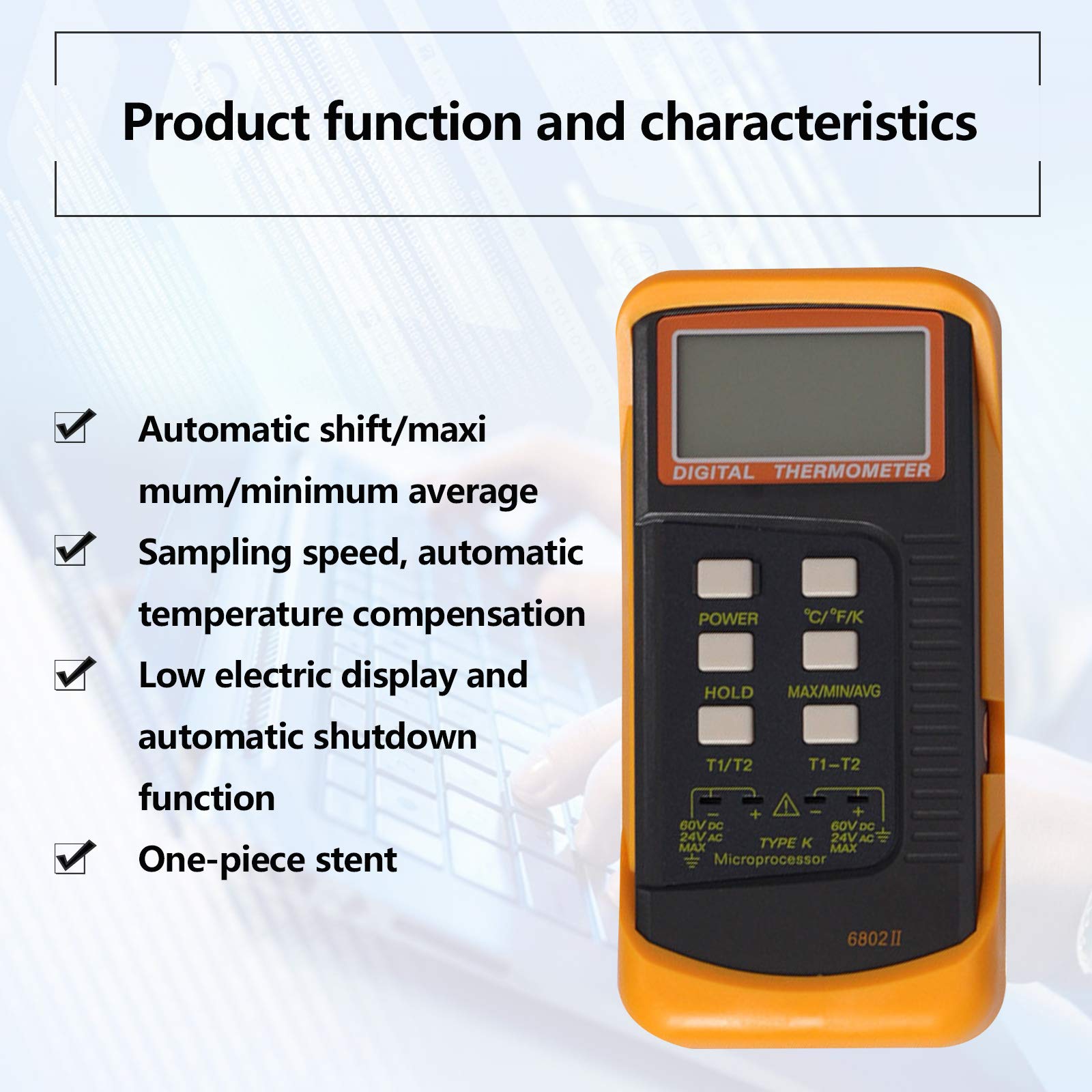 2 Dual Digitales Thermometer, DT-6802 II Kanal K-Typ Thermoelementen Sensor Sonde Temperaturmessgerät Temperaturmesser für Thermoelement Typen K/J/T/E/R/S/N