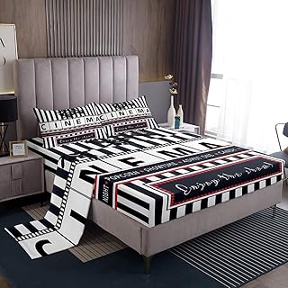 Movie Theme Bed Sheets Set Home Theater Decor Sheet Set for Family Boys Girls Vintage Cinema Style Sheets Black and White Stripes Fitted Sheet Movie Lover Movie Theater Theme Flat Sheet King