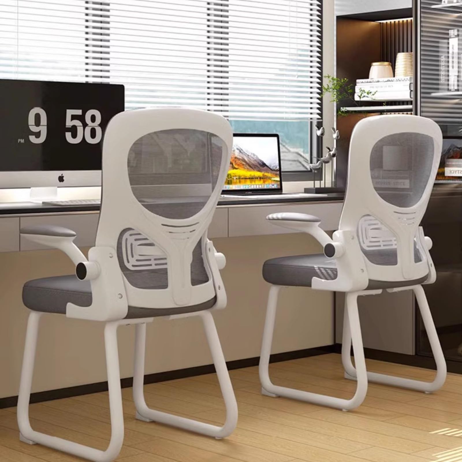 Silla Escritorio de Malla Transpirable Sin Ruedas, Silla Oficina con Brazos Abatibles, Silla Ergonómica, Sillas Gamer para Salas de Conferencias, Bibliotecas, Salas Capacitación(Black)