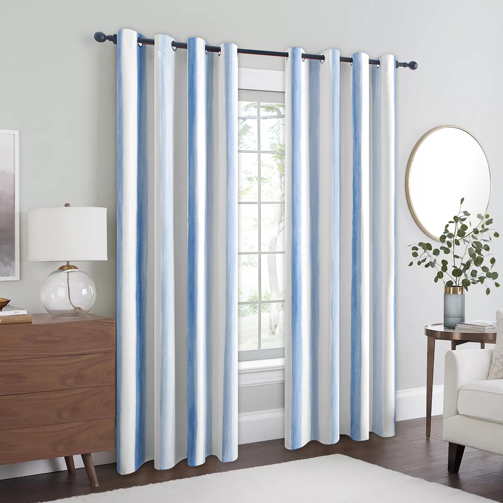Generisch Blickdichte Vorhänge Vertikal Gestreift Muster, H 245 x B 140 2er Set - Blau Weiß Streifen Fenster Gardinen mit Ösen, 245 cm Lang Curtains Wohnzimmer Schlafzimmer Deko YS233