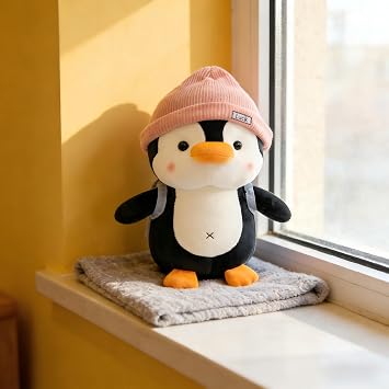 ARROMI Penguin Plush, Soft Plush Penguin with Pink Hat, Bedtime Snuggle Buddy, Room Decoration, Ideal as a Playtime Companion, Soft Stuffed Animals for Cuddling, Playing and Decor