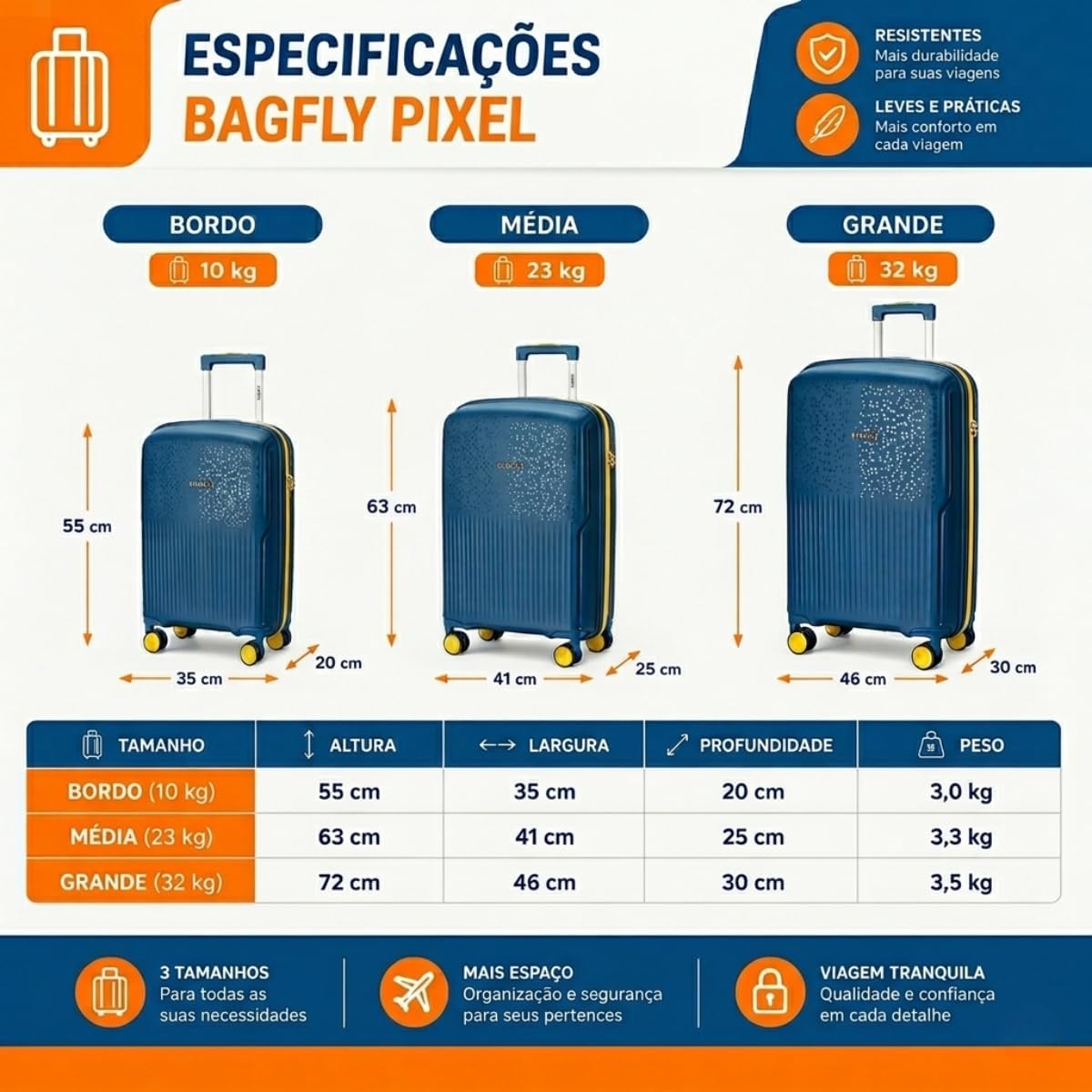 Mala de Viagem BAGFLY PIXEL Polipropileno Cadeado Flat Rodas 360 Zíper Antifurto (Electric Blue, Média)