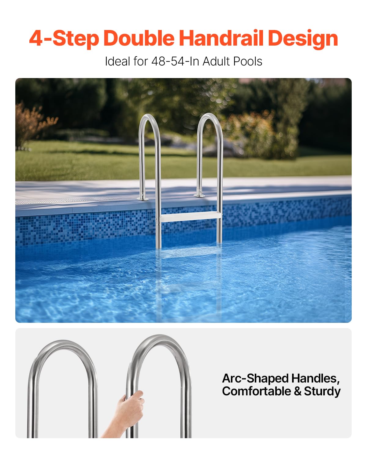 VEVOR Escalera para Piscina, 4 Escalones con Pasamanos Dobles y Escalones, Acero Inoxidable, Carga de 120 kg, para Piscinas Enterradas con Plataforma Montada, 600 x 445 x 1825 mm, Plata + Blanco