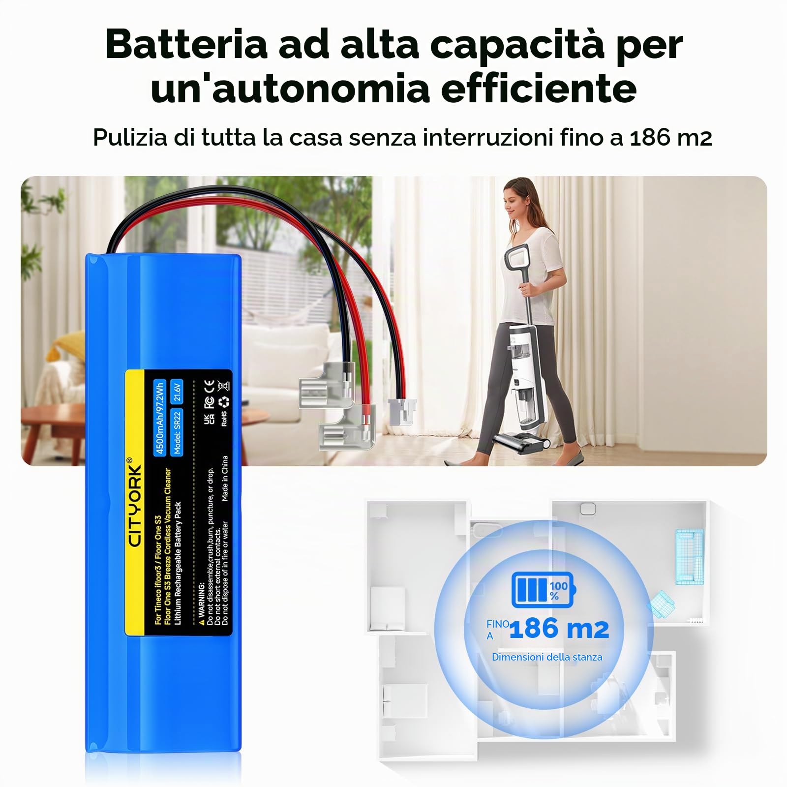 CITYORK 21,6 V 4500 mAh batteria di ricambio compatibile con Tineco Floor One S3, Floor One S3 Breeze Cordless Vacuum Cleaner