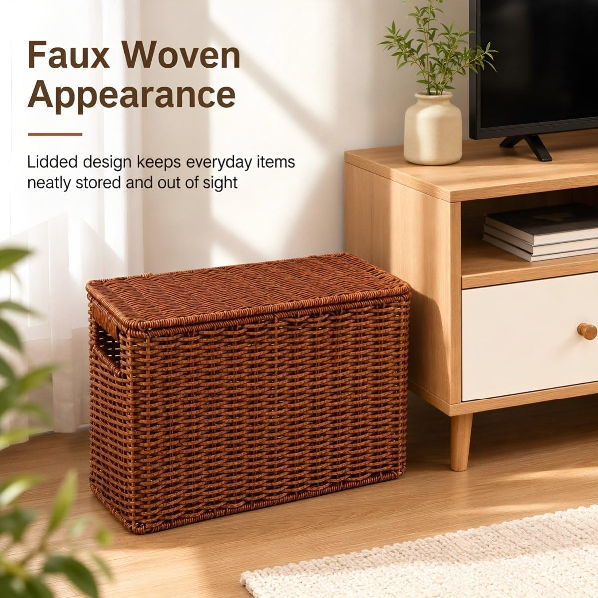 Narrow Tall Lidded Storage Bin with Woven Texture for Magazines