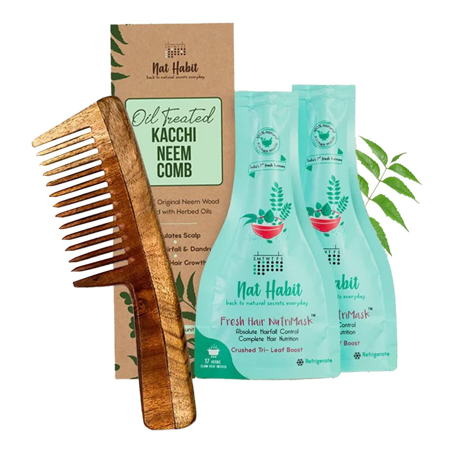 Nat Habit - Back to Natural Secrets Everyday Wide Tooth Wooden Kacchi Neem Comb & TriLeaf NutriMask for Hair Growth, Hairfall Control & Smoothening (Combo Pack of 3)