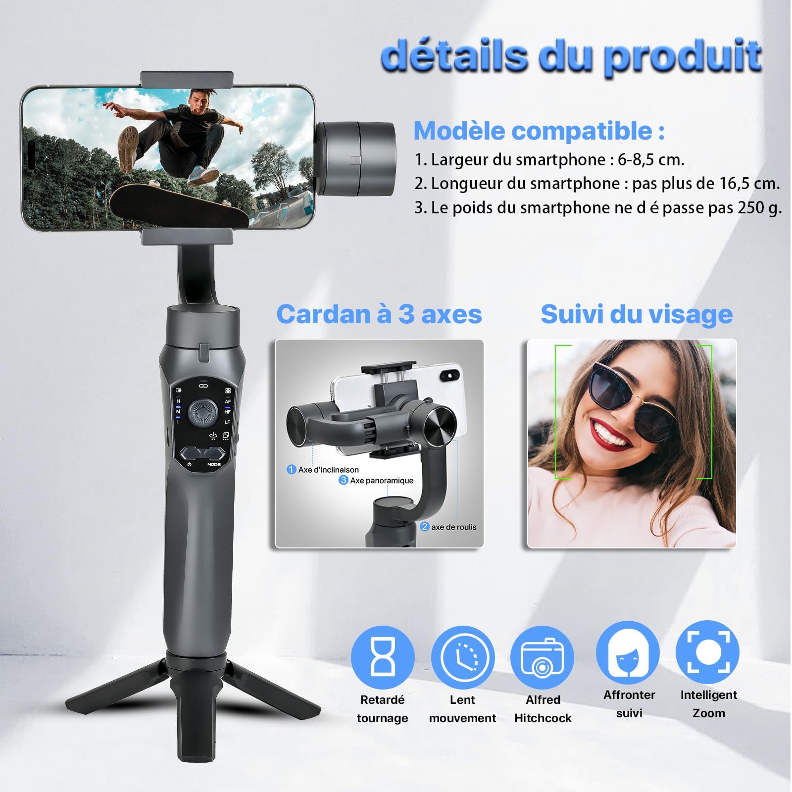 Stabilisateur Smartphone, Stabilisateur Cardan sur 3 Axes,Suivi AI, Mode Ultra Grand Angle pour iPhone 15/14/13/XR Pro/Max,Samsung Galaxy/Huawei,Charge utile 280 g,Vloggers/Youtube