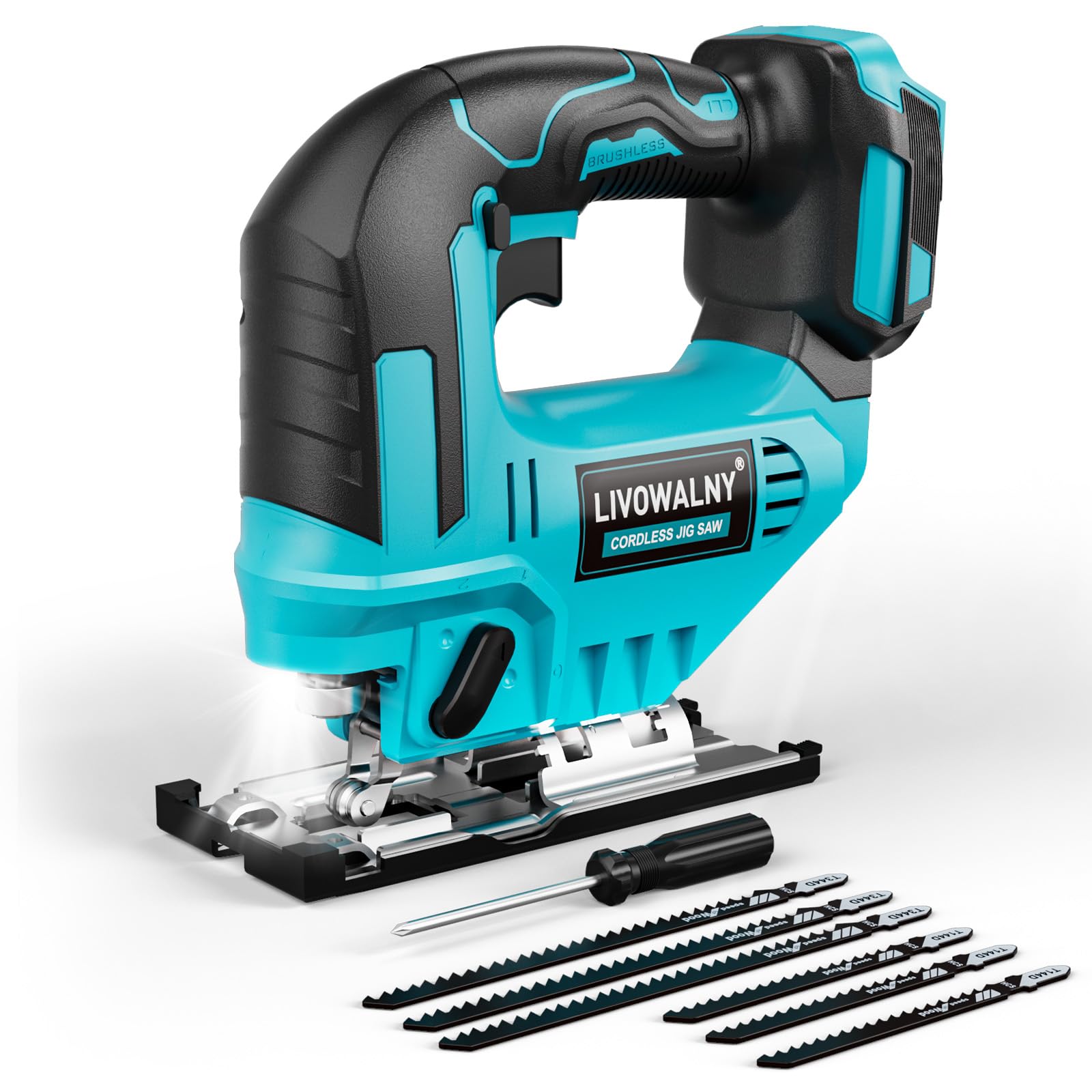 LIVOWALNY Seghetto Alternativo Senza Filo Compatibile con Batterie Makita 18V, Velocità Variabile, Taglio a Inclinazione 45°, con 6 Lame – Per Legno, Metallo e Plastica (Batteria Non Inclusa)