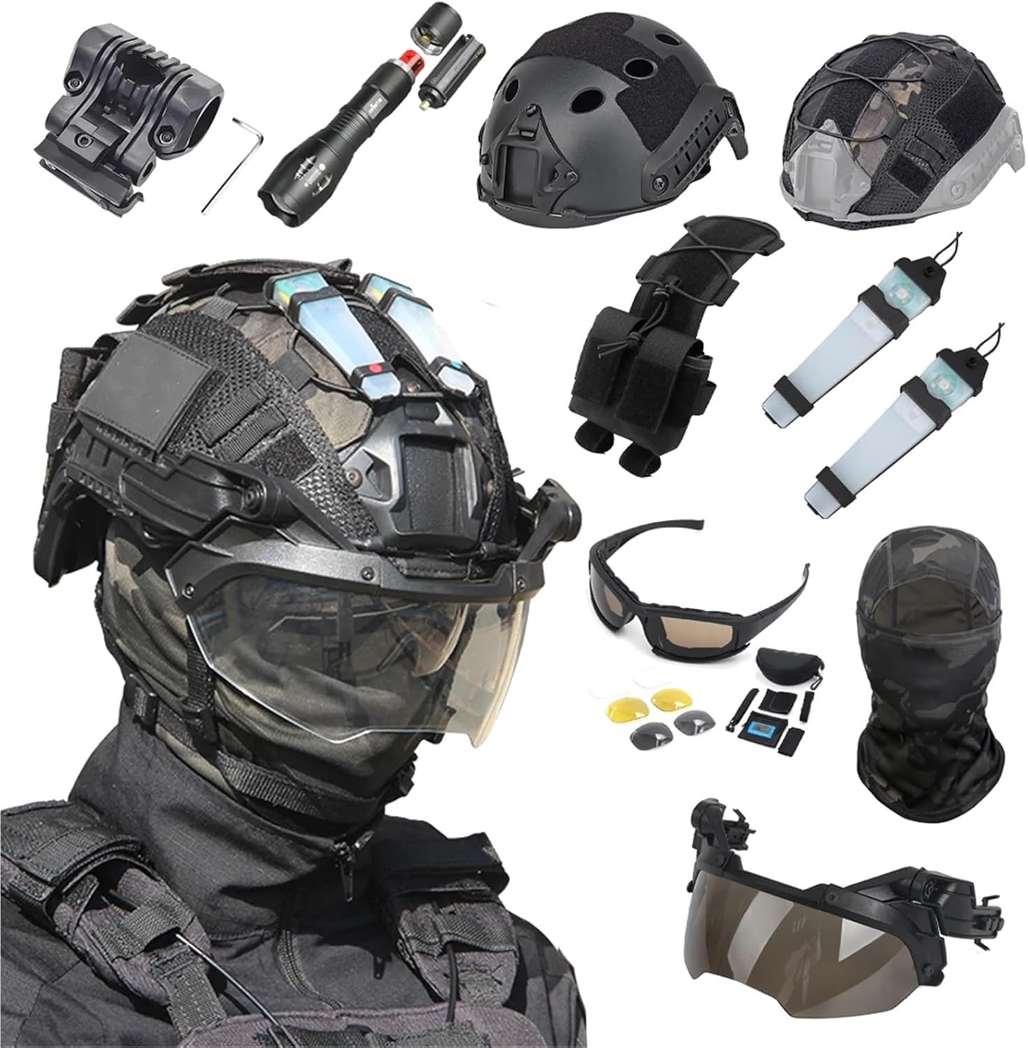 Fast Tactical Helmet Set Airsoft Protective Equipment with Goggles Helmet Light Flashlight Battery Pouch for Role Playing