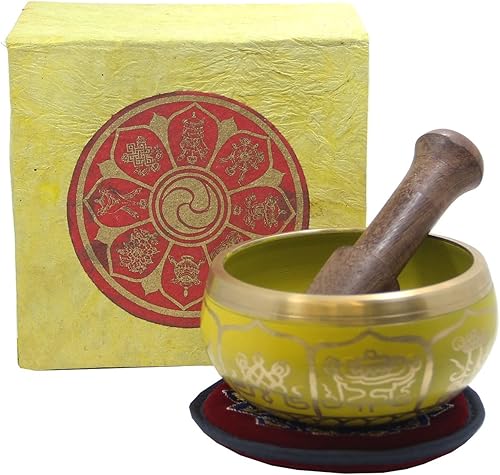 Juego tibetano de 8 símbolos de la suerte para yoga, meditación, cuenco cantante, mazo, cojín, caja (amarillo)